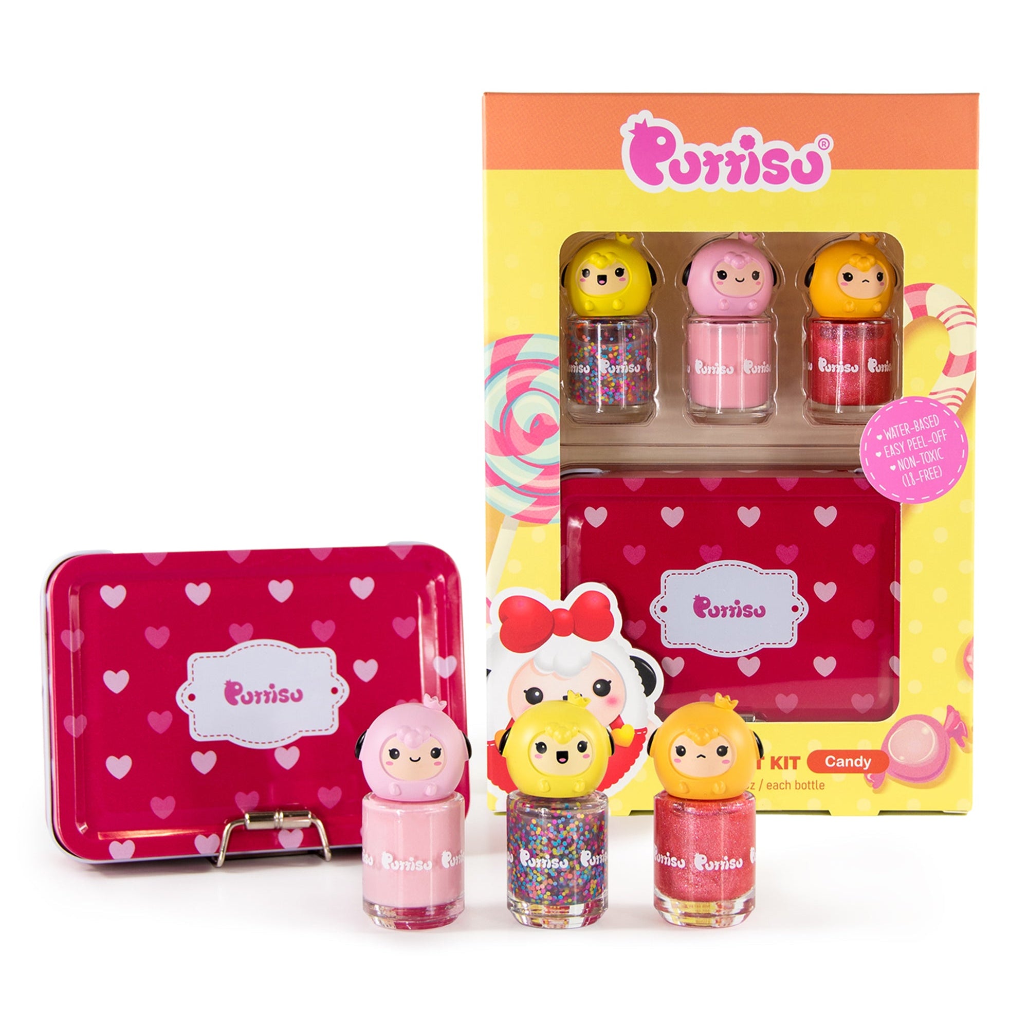 Three bottles of Purrisu candy-themed nail polish with cartoon character toppers, a matching tin carrying case, and the full retail box with product features.