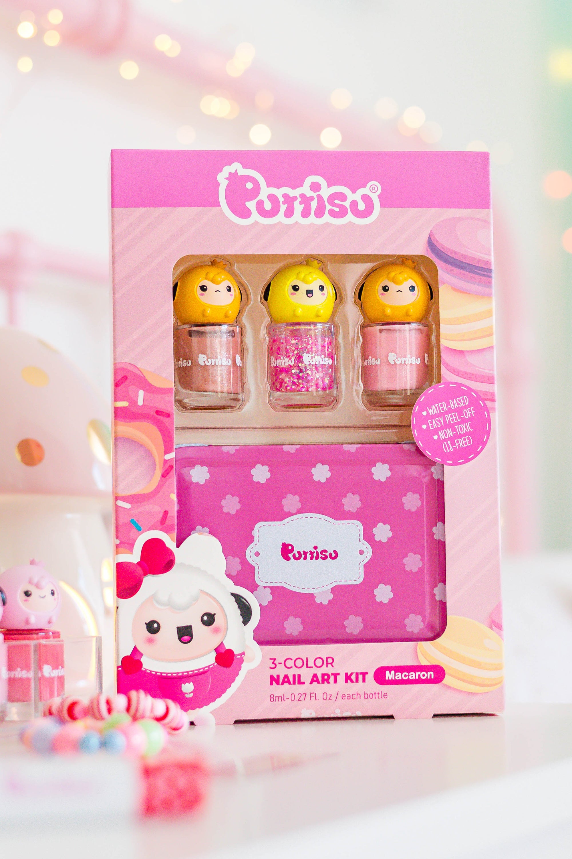A pink box of Purrisu 3-color nail art kit with three nail polish bottles on top and a sheep character on the side.