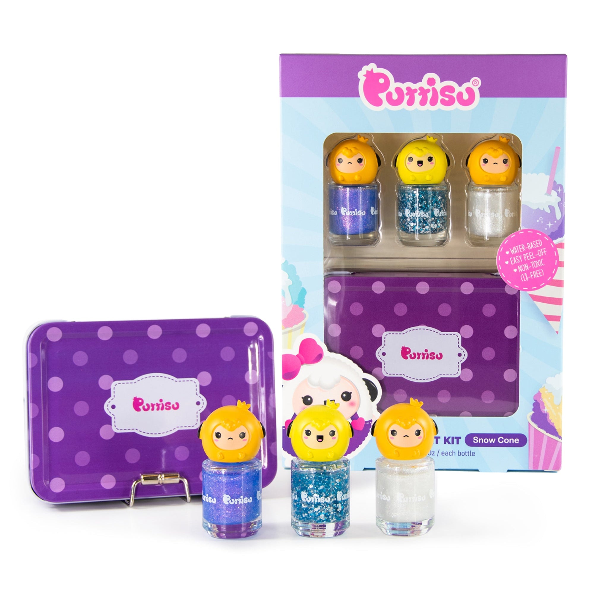 A product shot of a Purriso Snow Cone nail polish kit featuring three bottles of glittery nail polish in blue, white, and purple, each topped with a cartoon monkey head, alongside a matching polka-dot tin box and the retail packaging.