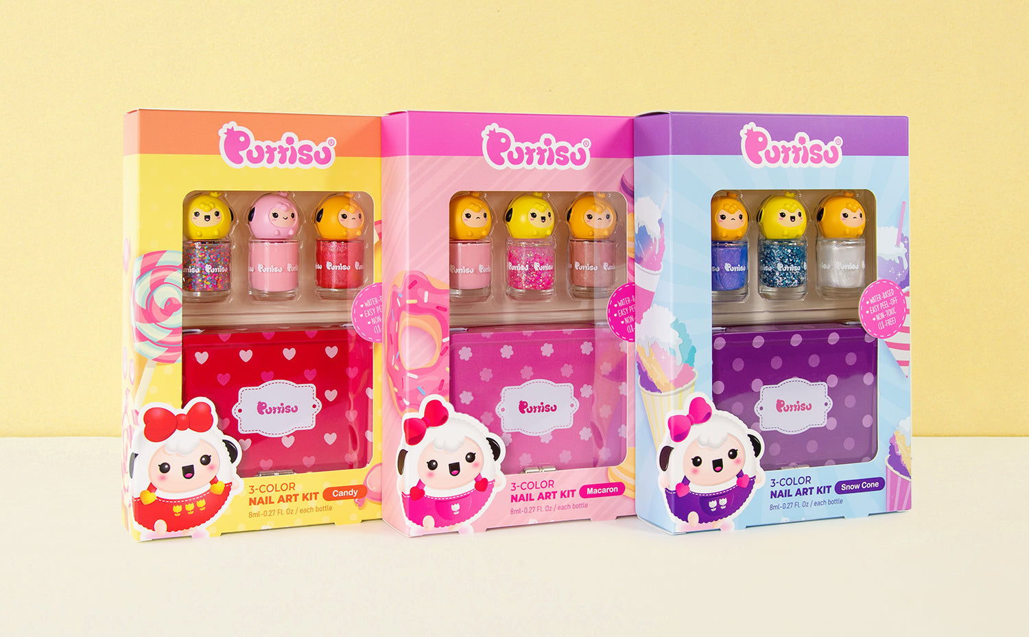 Puttisu 3-Color Nail Art Kits in Candy, Macaron, and Snow Cone themes, each set including three kids nail polishes with character tops in colorful gift packaging.