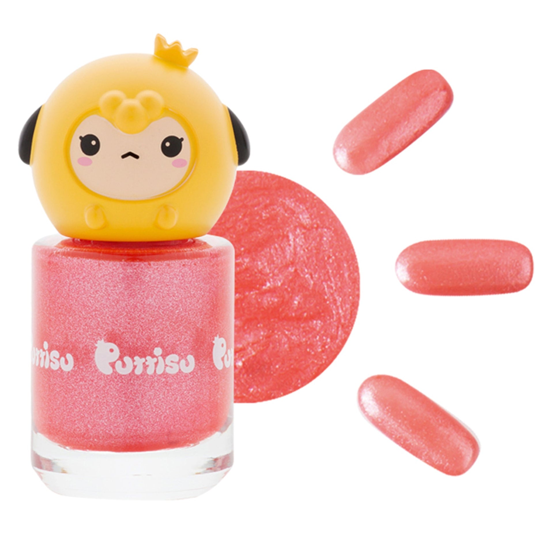 Pink glitter nail polish with yellow cartoon topper.