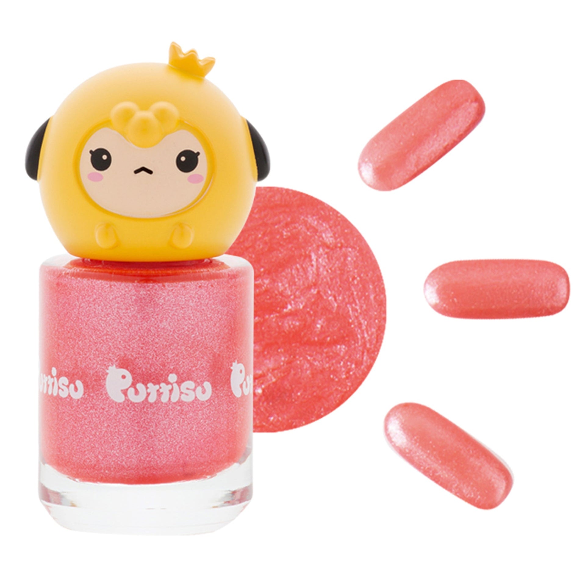 Pink glitter nail polish with yellow animal-shaped lid.