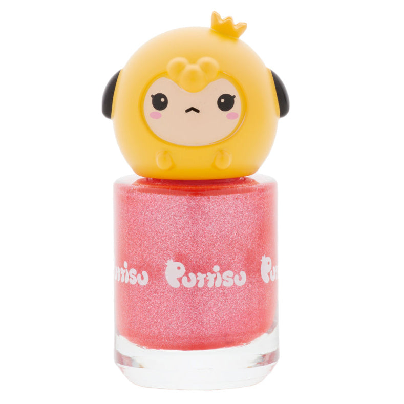 Pink glitter nail polish with a yellow character-shaped lid.
