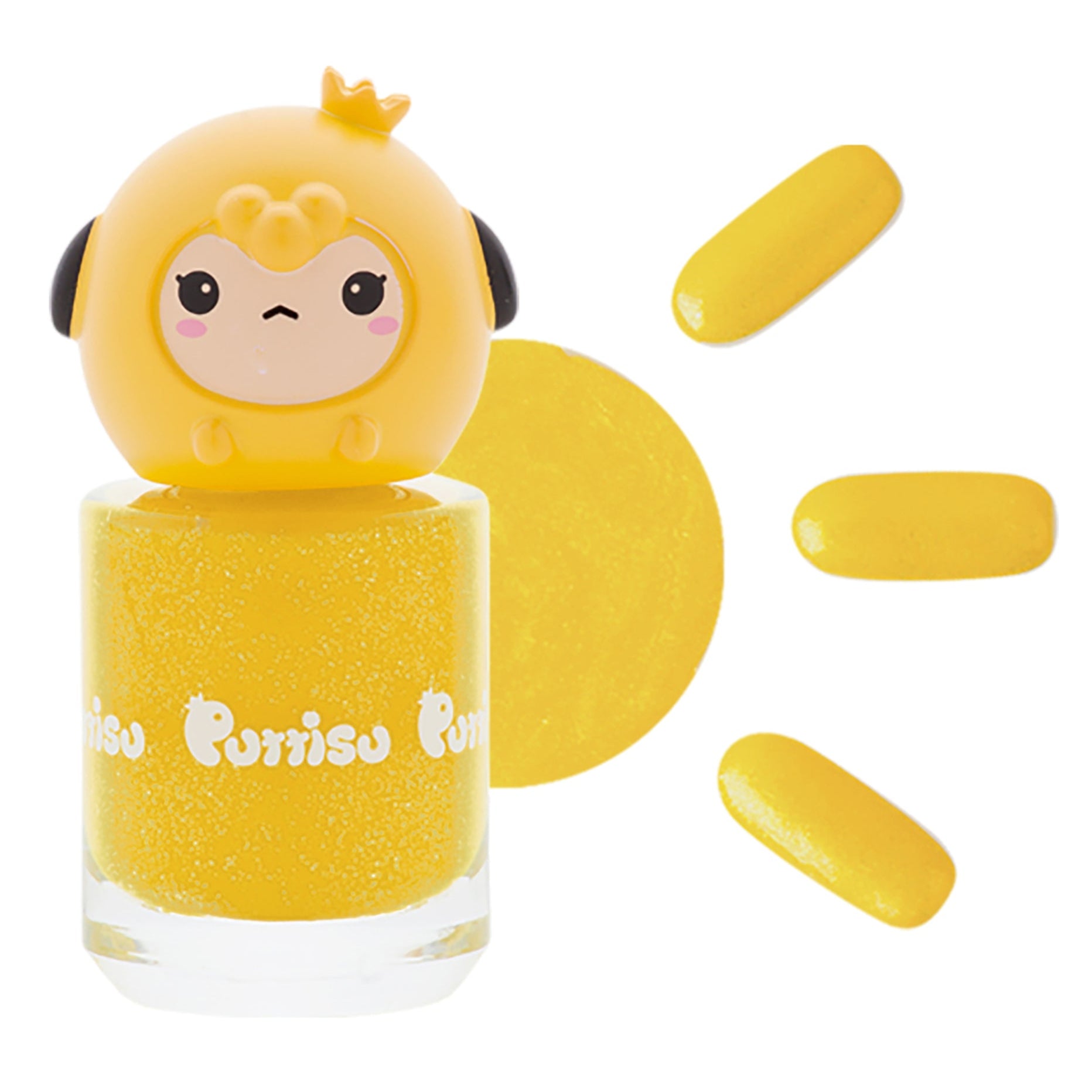 Yellow glitter nail polish with cartoon crown cap.
