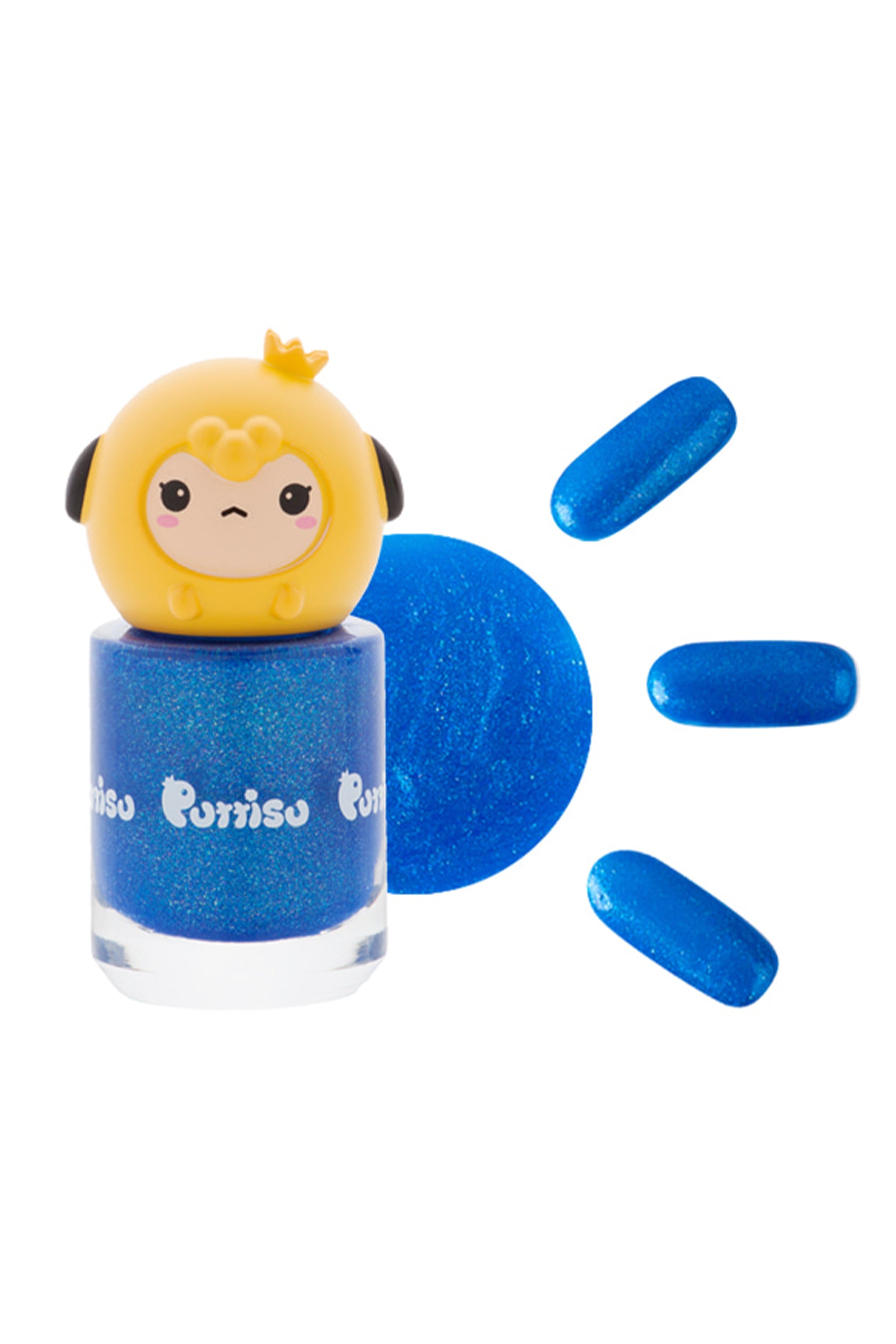 Blue glittery nail polish with yellow character top and swatches.