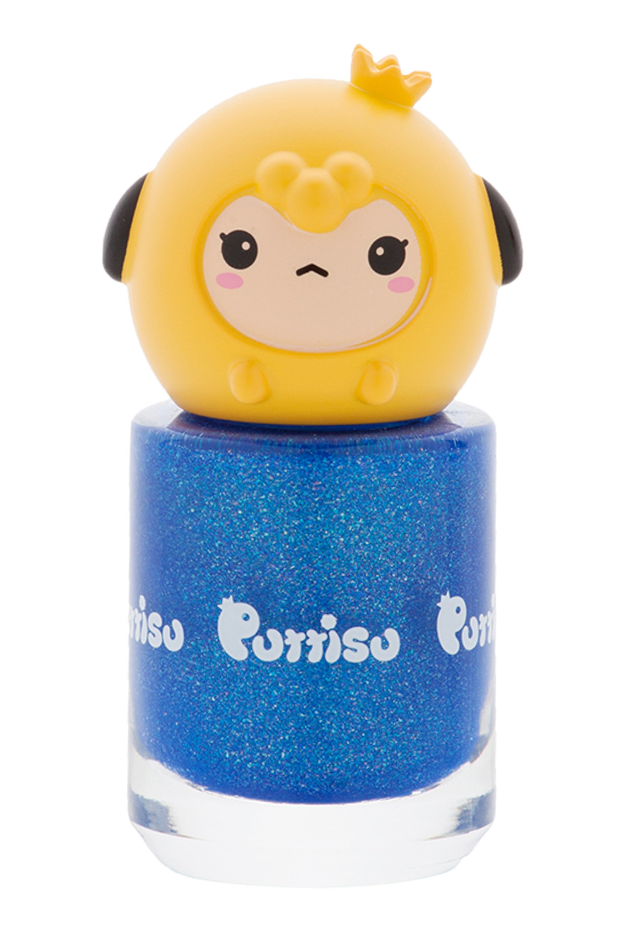 Blue glitter nail polish with a yellow cartoon dog lid.