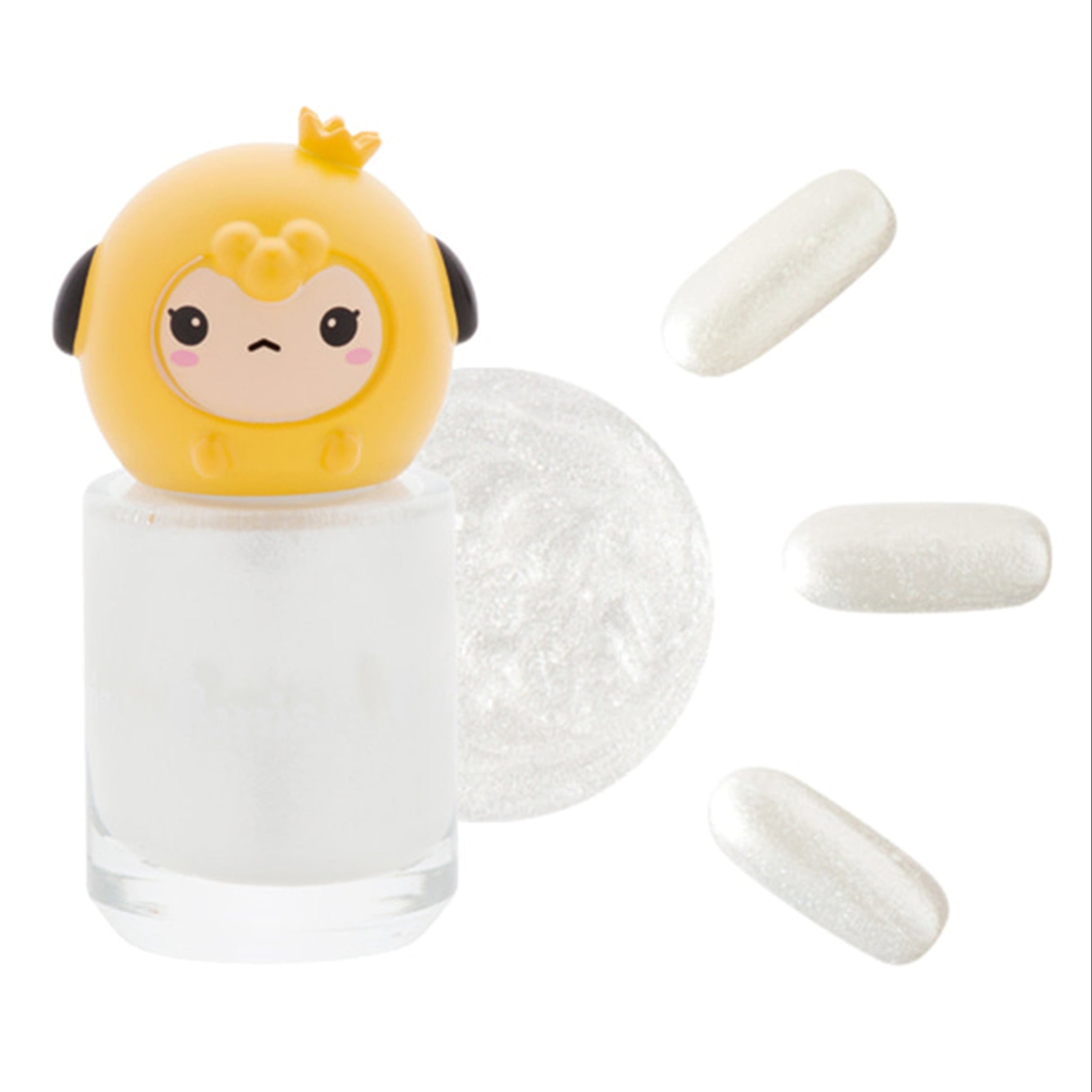 Yellow, cartoon-themed nail polish with silver polish and samples.