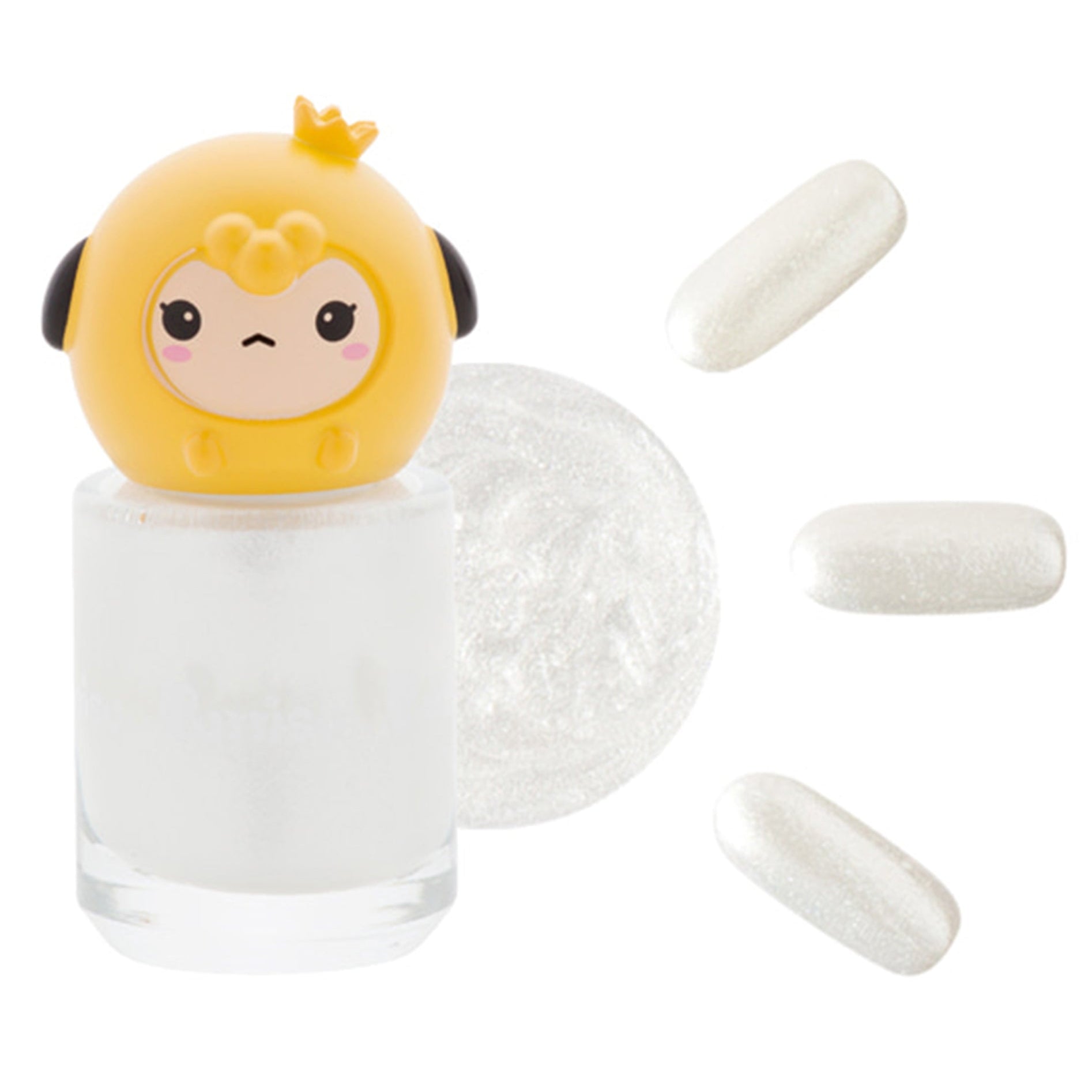 Bottle of iridescent white nail polish with a yellow cartoon character on top next to swatches of the polish.