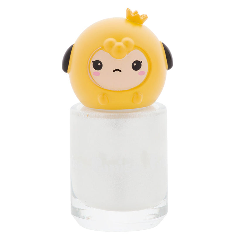 Yellow bottle with a cartoon figure on top, containing a white liquid.