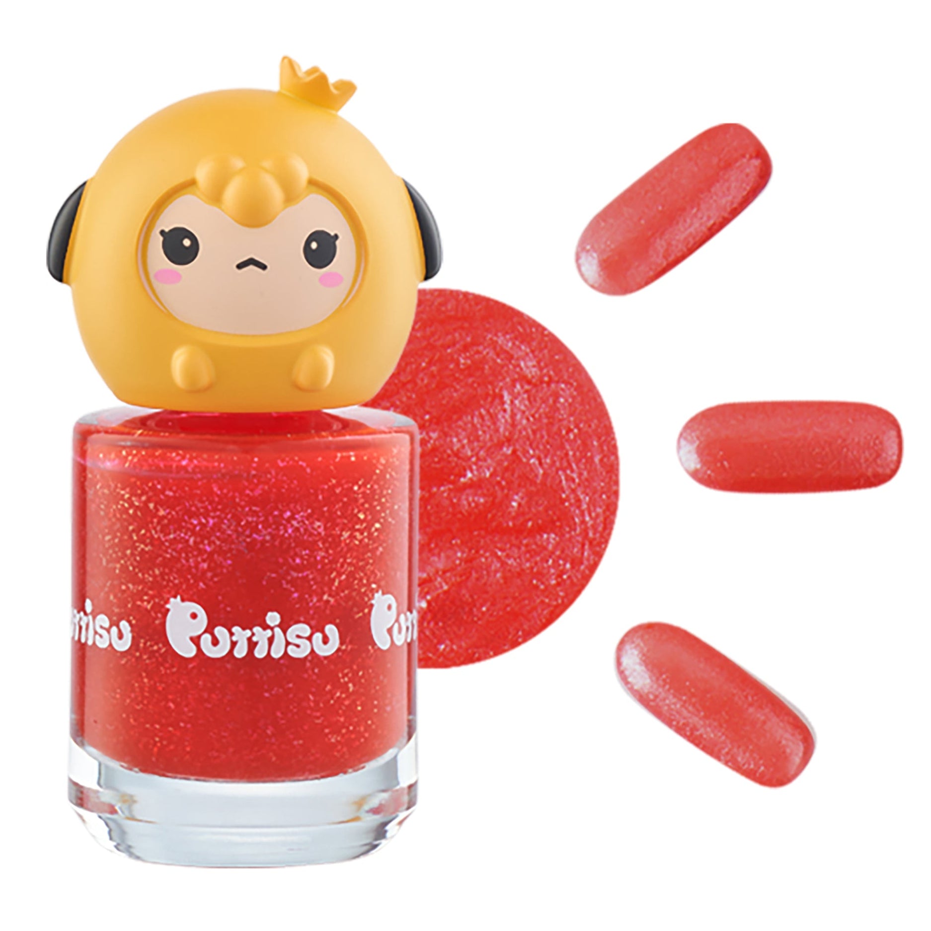 Red glitter nail polish with yellow cartoon cap.