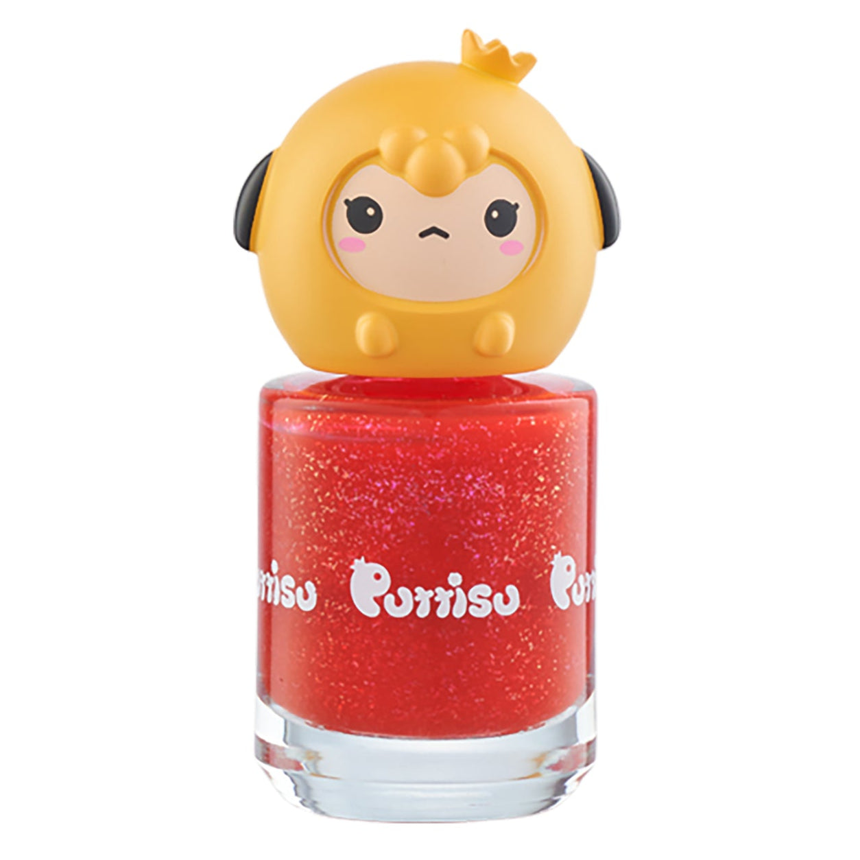 Bottle of red glittery nail polish with a yellow chick figurine top.