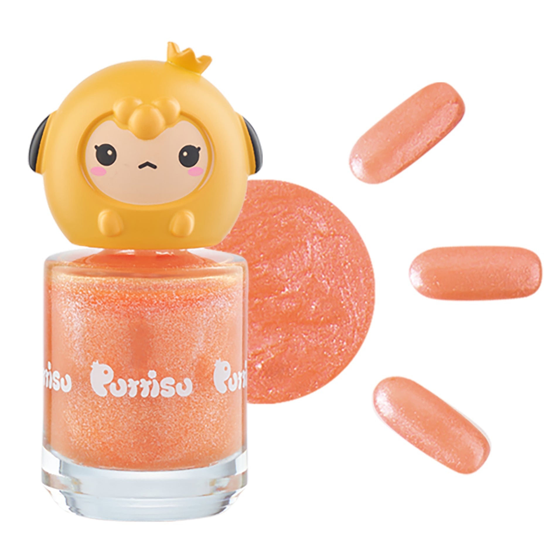 Sparkly orange nail polish with yellow cartoon sheep cap.