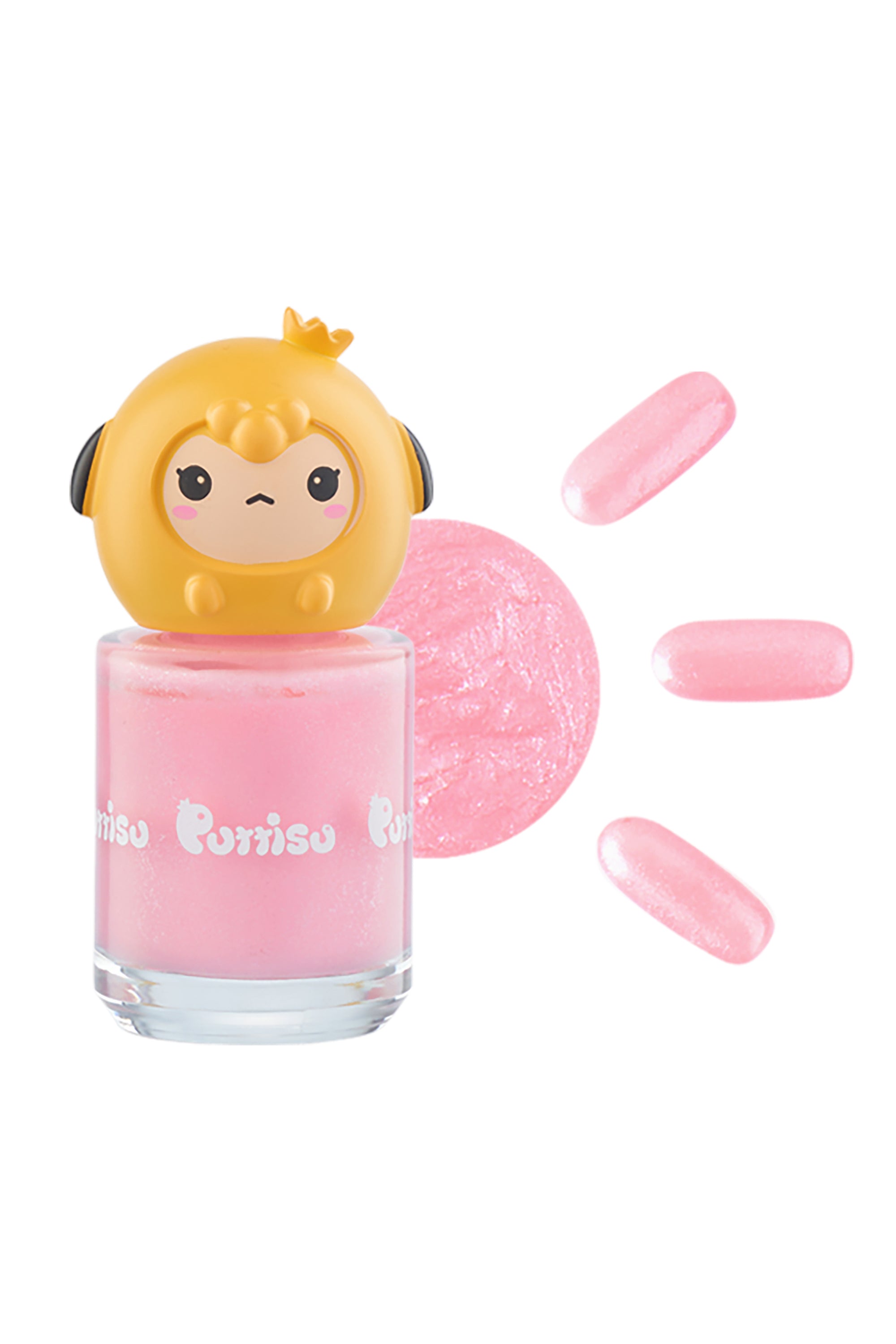 A pink nail polish bottle with a yellow cartoon character top and three pink nail swatches.