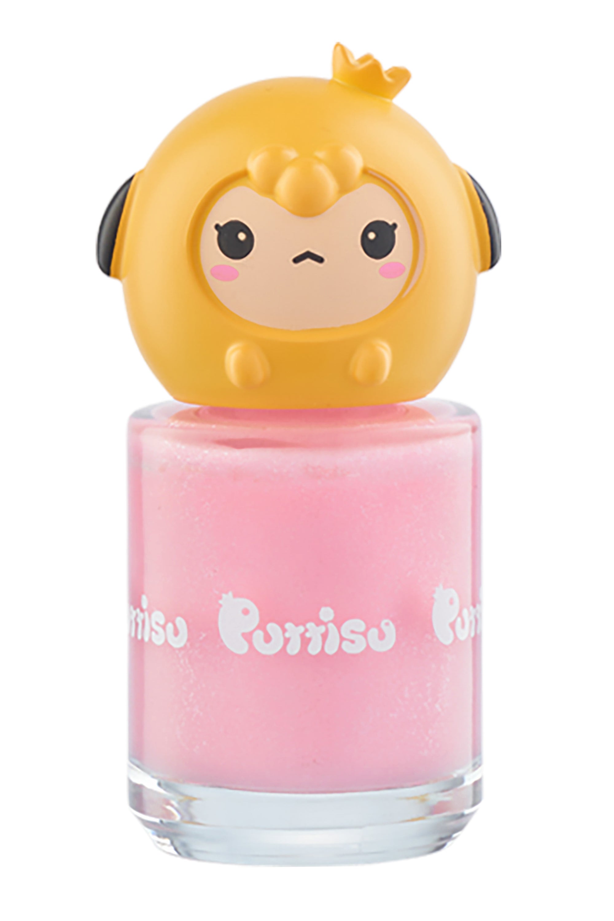 Pink nail polish with yellow cartoon character lid.