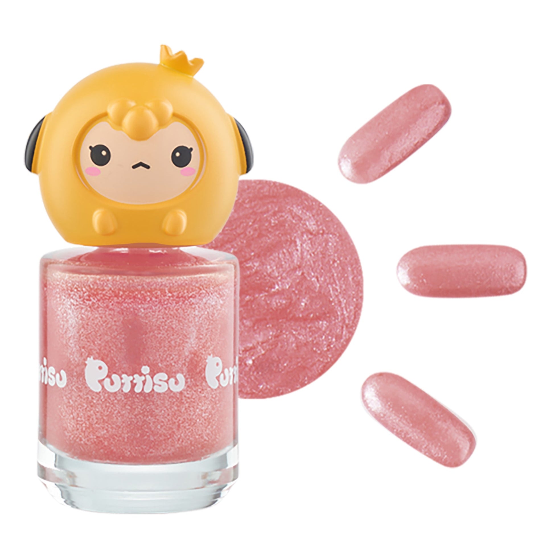 Pink shimmer nail polish with yellow cartoon cap.