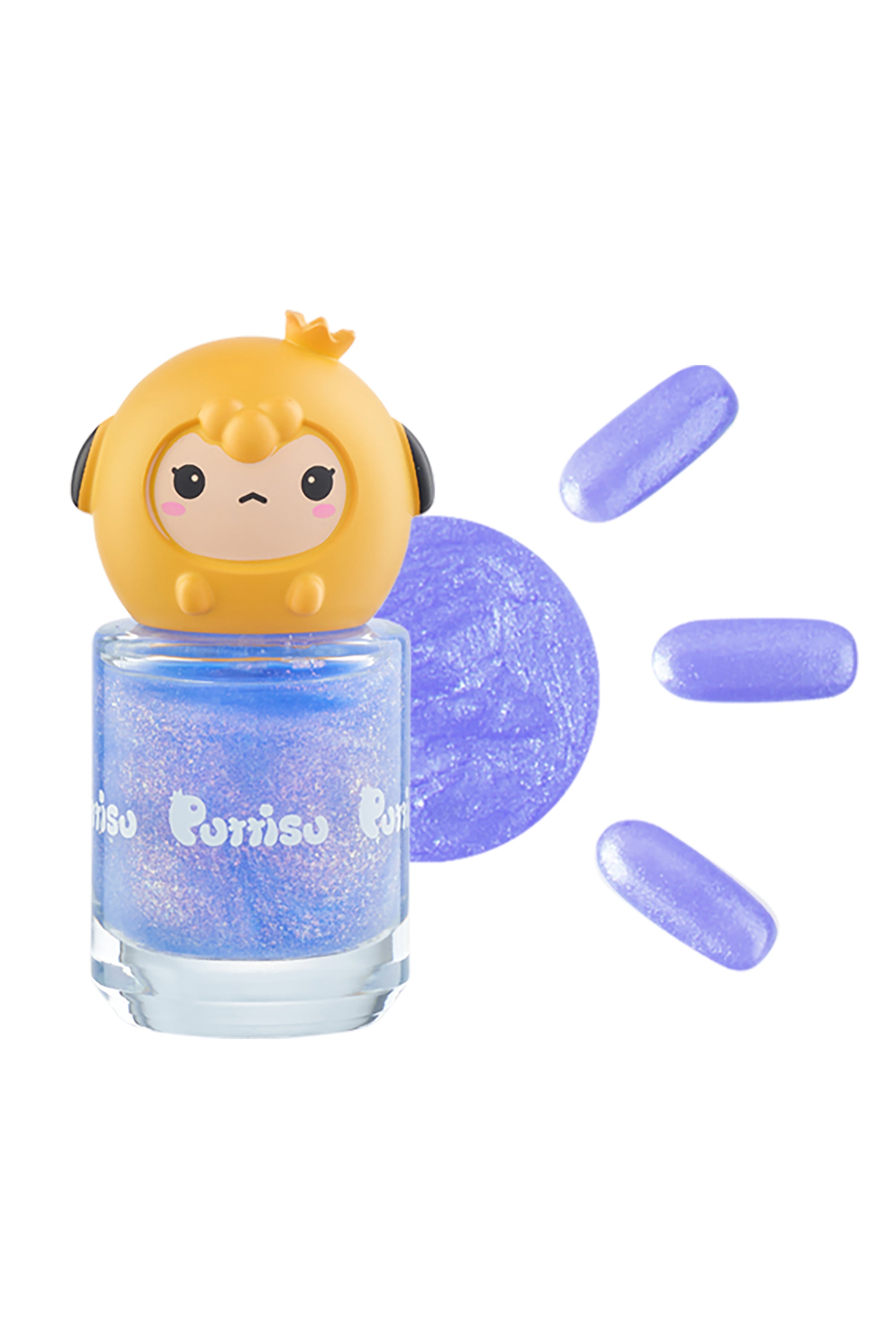 Purple nail polish in a clear bottle with a yellow, cartoon-faced cap.
