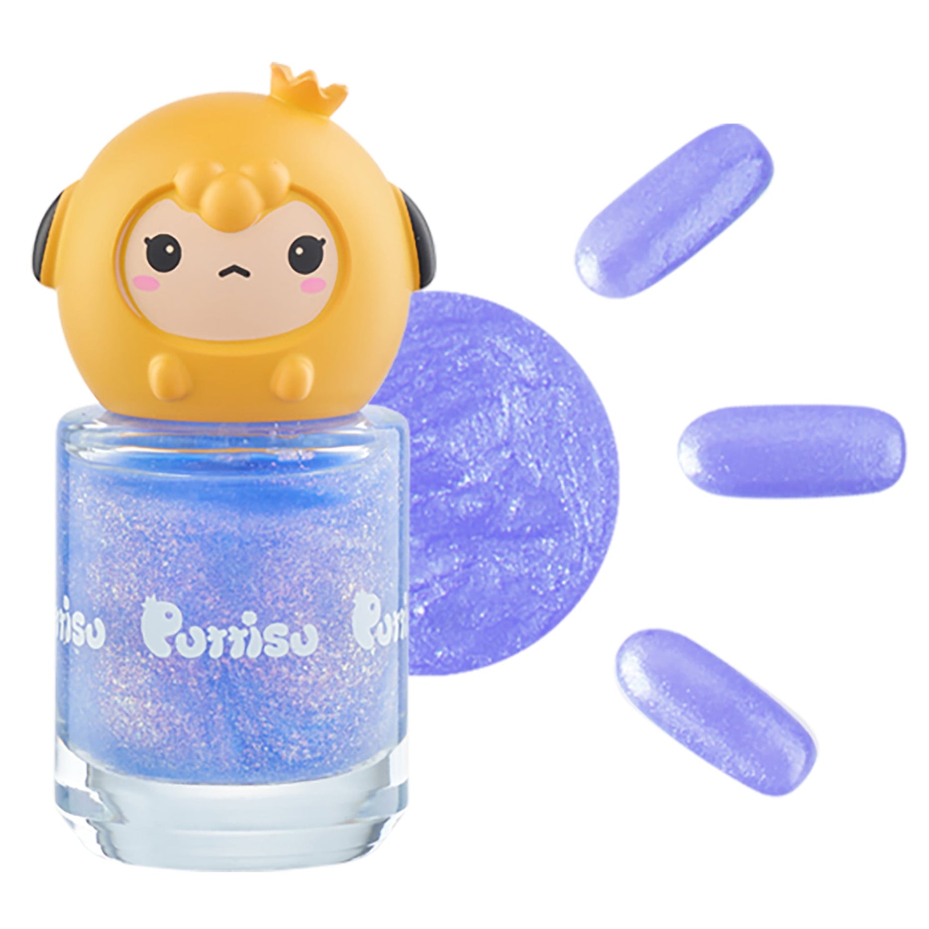 Purple sparkly nail polish bottle with a yellow cartoon monkey cap.