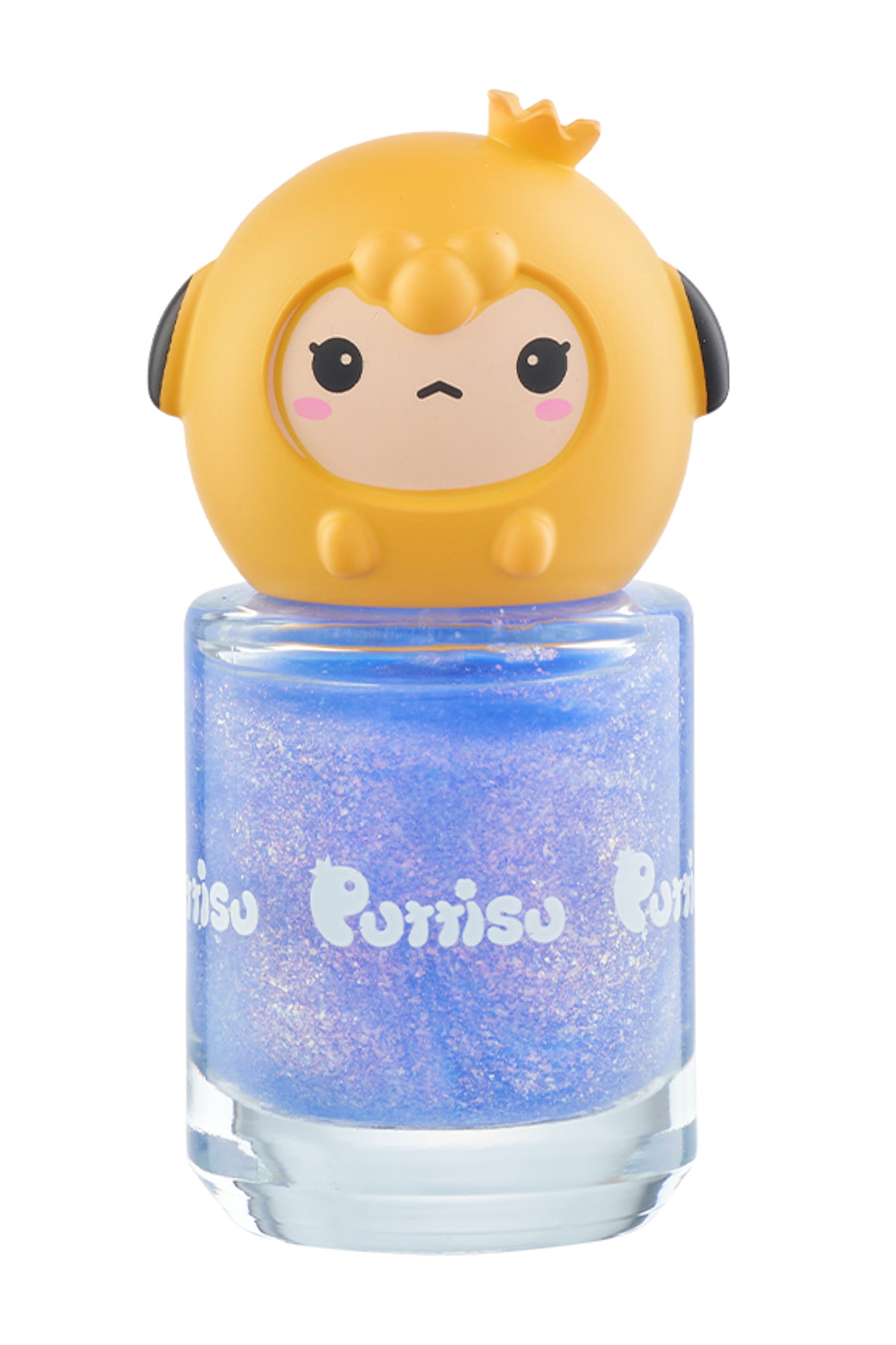 Blue glittery nail polish bottle with yellow cartoon character lid.
