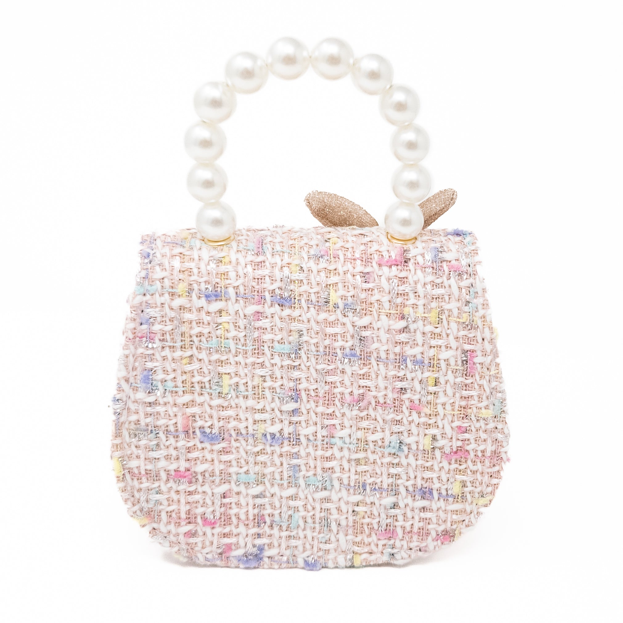 Tweed purse with pearl handle and gold bow.