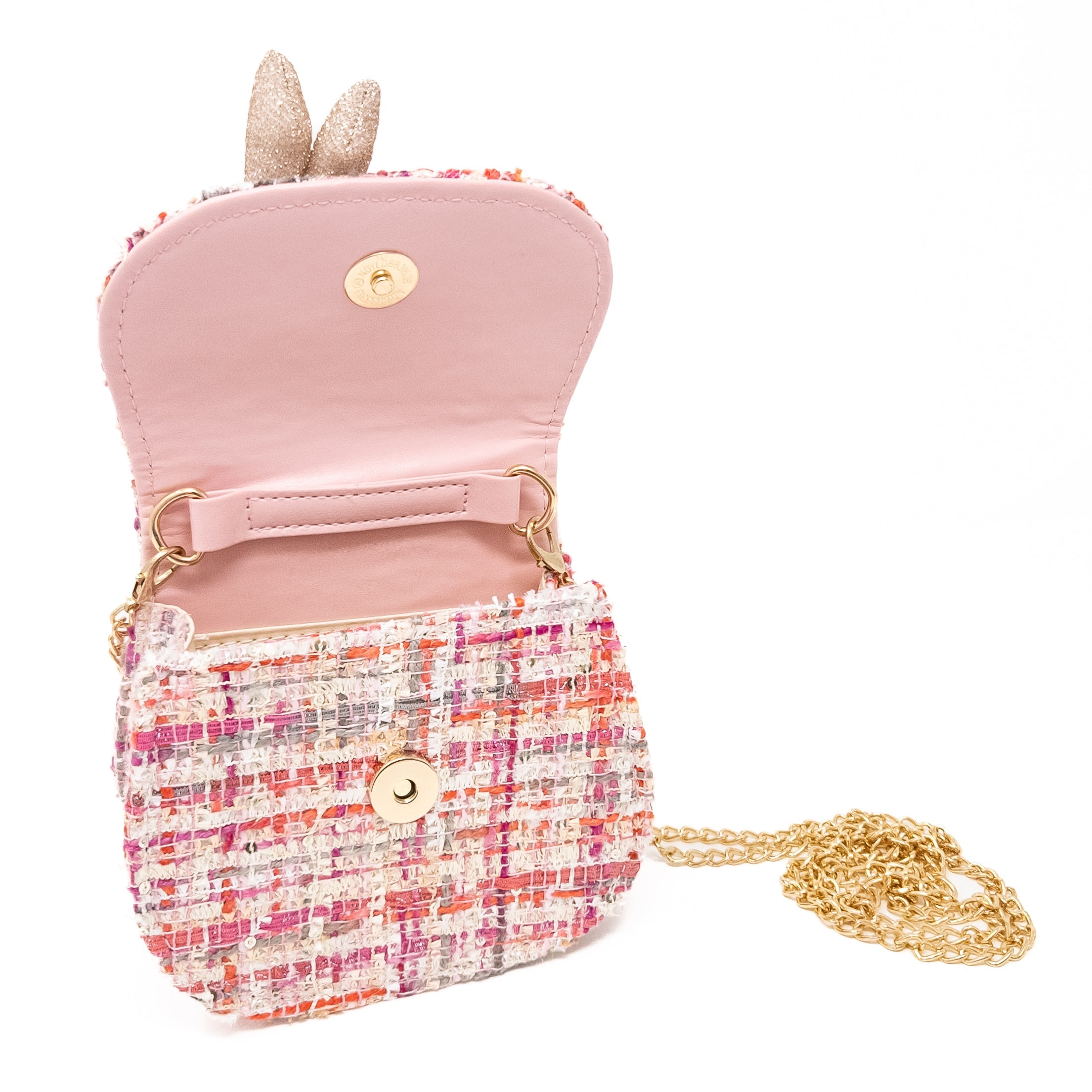 Open pink tweed bunny-eared purse with gold chain.
