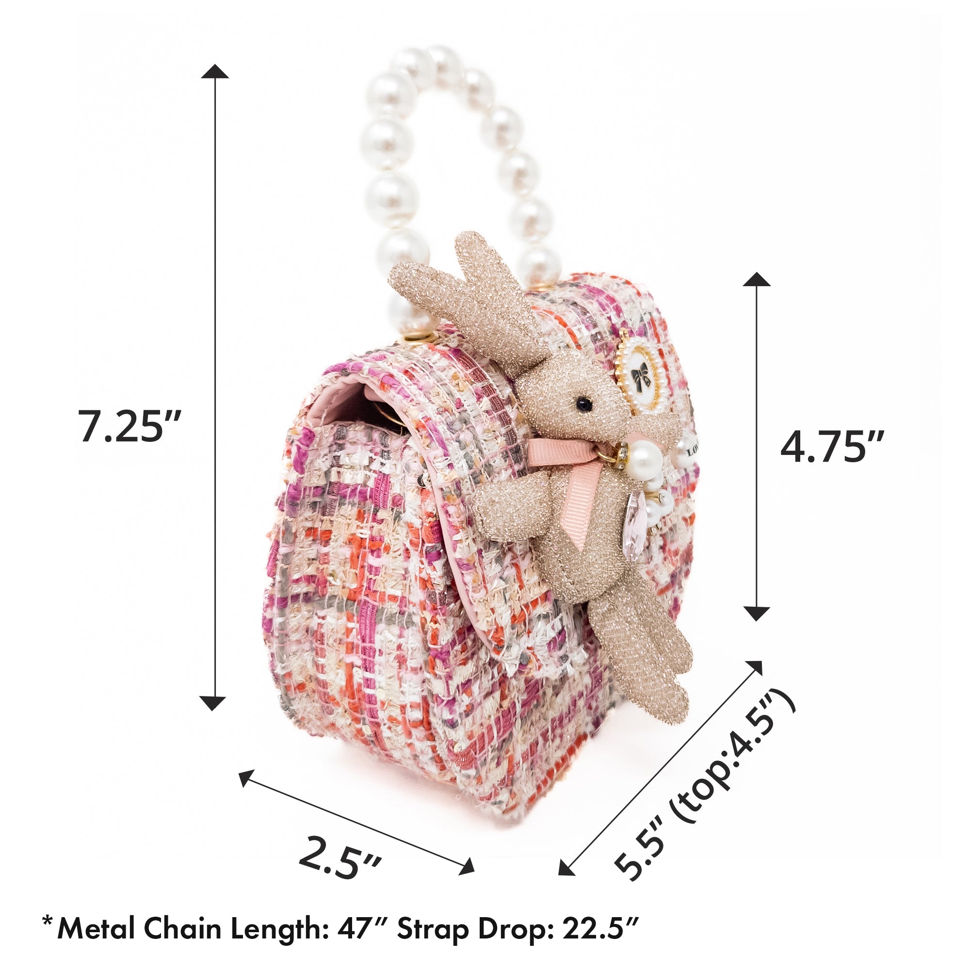 Close-up shot of a tweed purse adorned with a rabbit, labeled with dimensions.