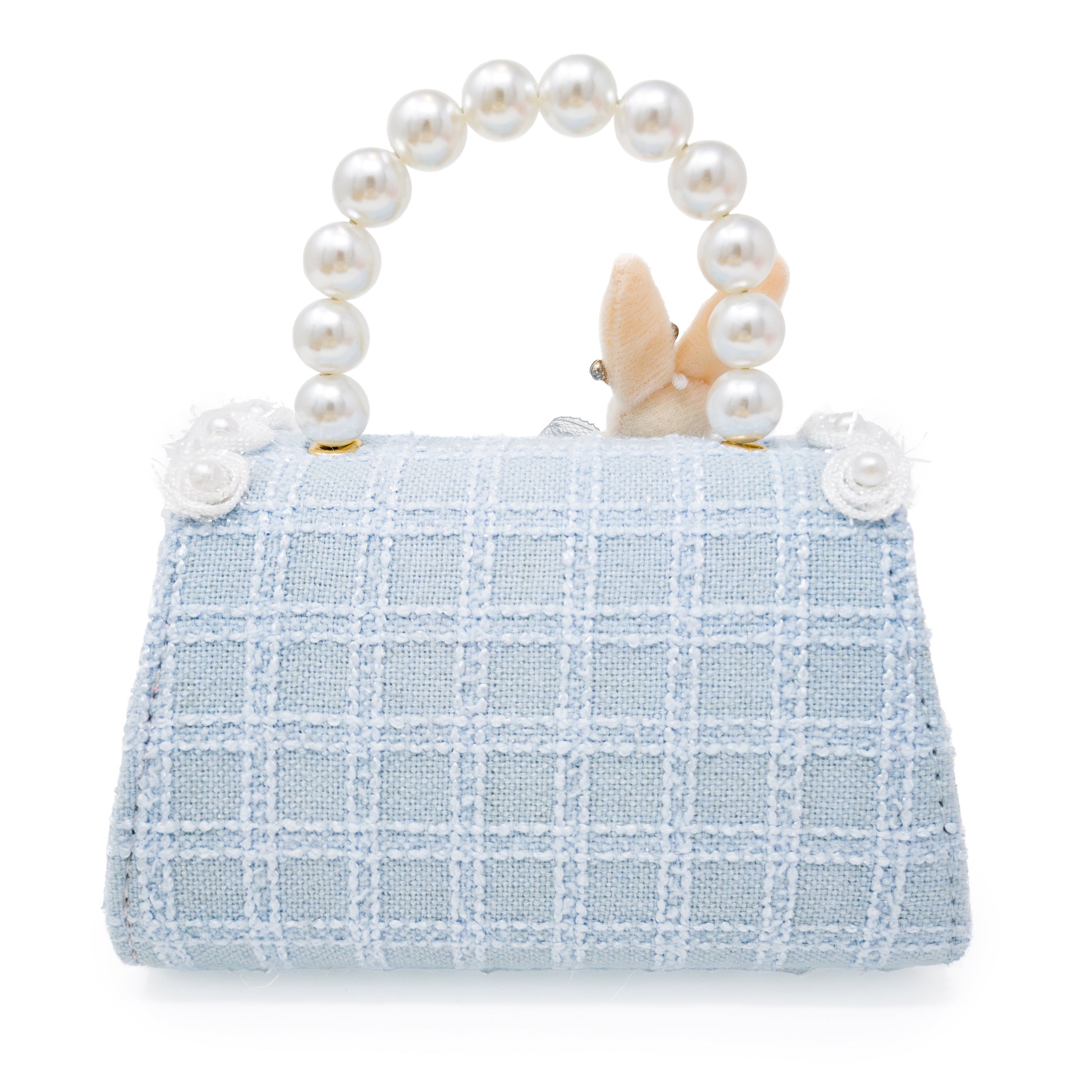 Puttisu Bunny Bloom - powder blue. Decorative handbag with a rabbit figure, pearl handle, and decorative elements on a white background