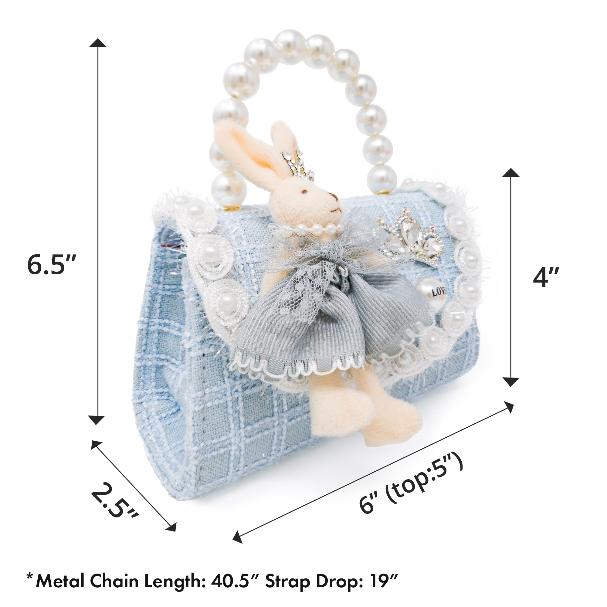 Puttisu Bunny Bloom - powder blue. Decorative handbag with a rabbit figure, pearl handle, and decorative elements shown with measurements on a white background.