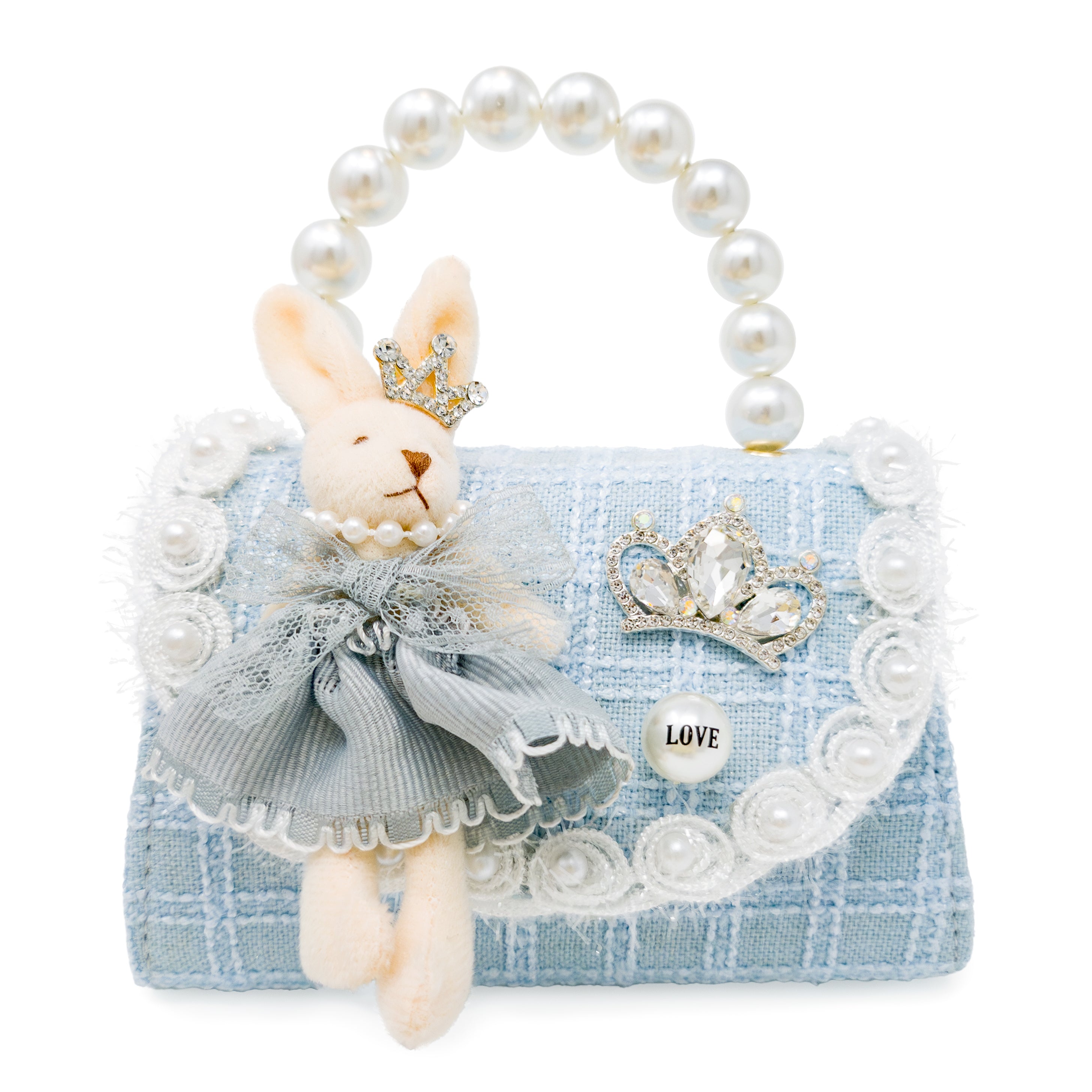 Puttisu Bunny Bloom - power blue. Decorative handbag with a rabbit figure, pearl handle, and decorative elements on a white background