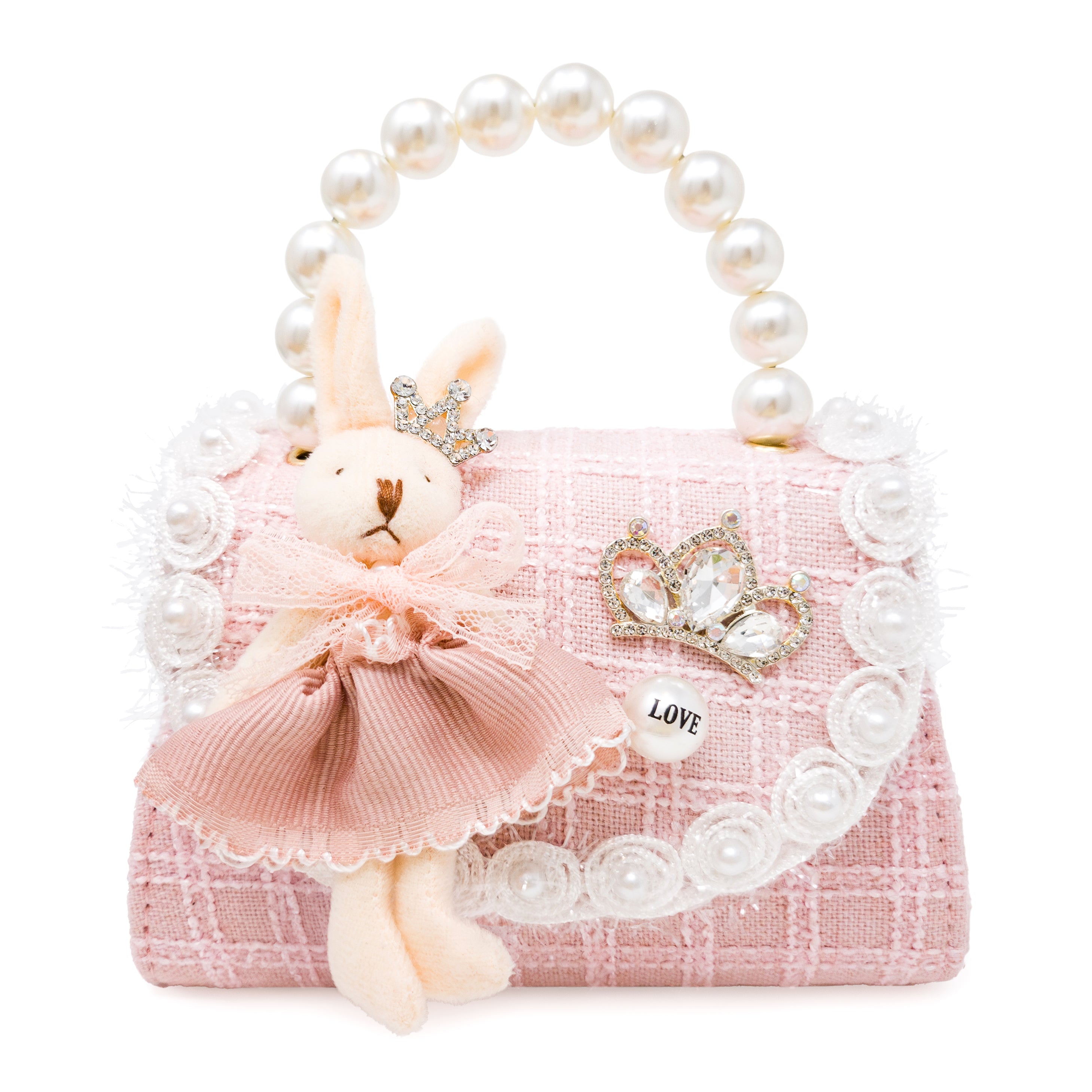 Puttisu Bunny Bloom - rose milk. Decorative handbag with a rabbit figure, pearl handle, and decorative elements on a white background