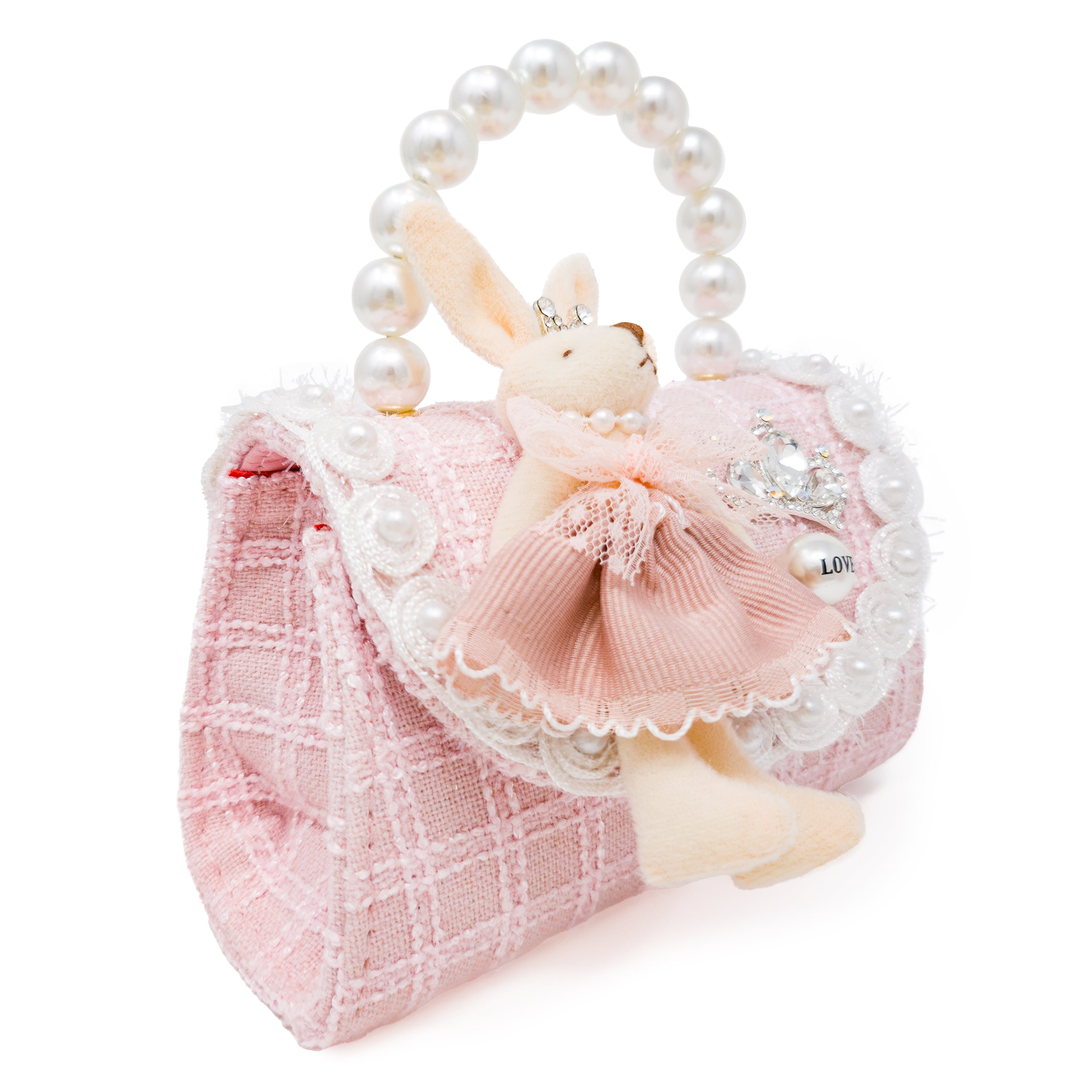 Puttisu Bunny Bloom - rose milk. Decorative handbag with a rabbit figure, pearl handle, and decorative elements on a white background