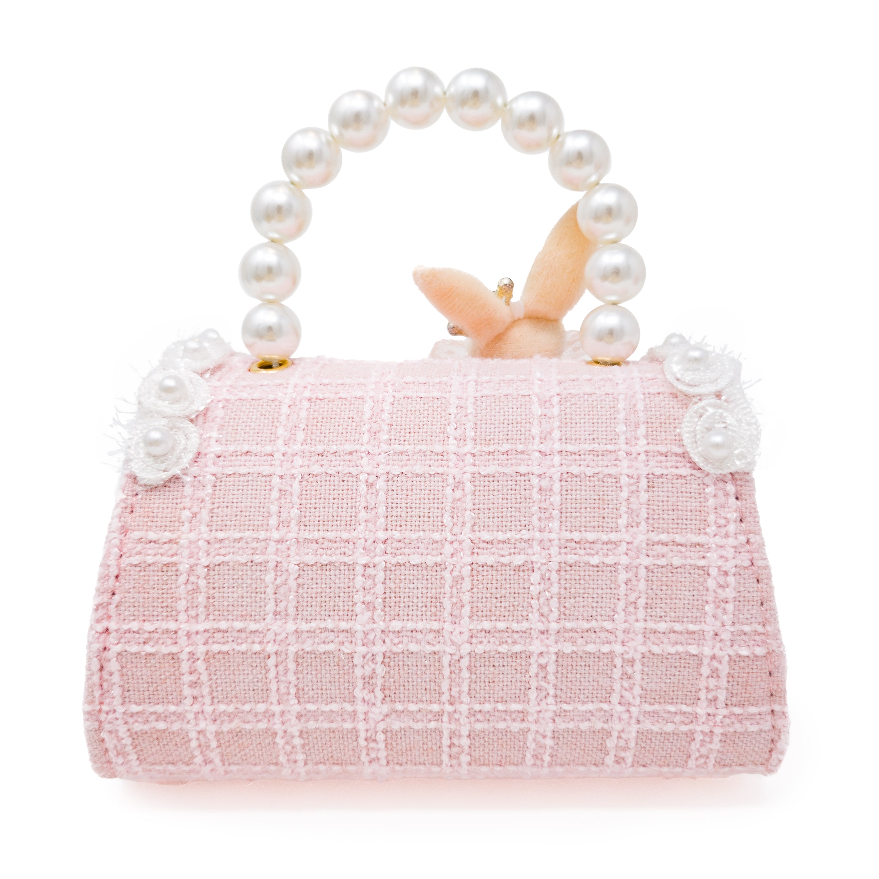Puttisu Bunny Bloom - rose milk. Decorative handbag with a rabbit figure, pearl handle, and decorative elements on a white background