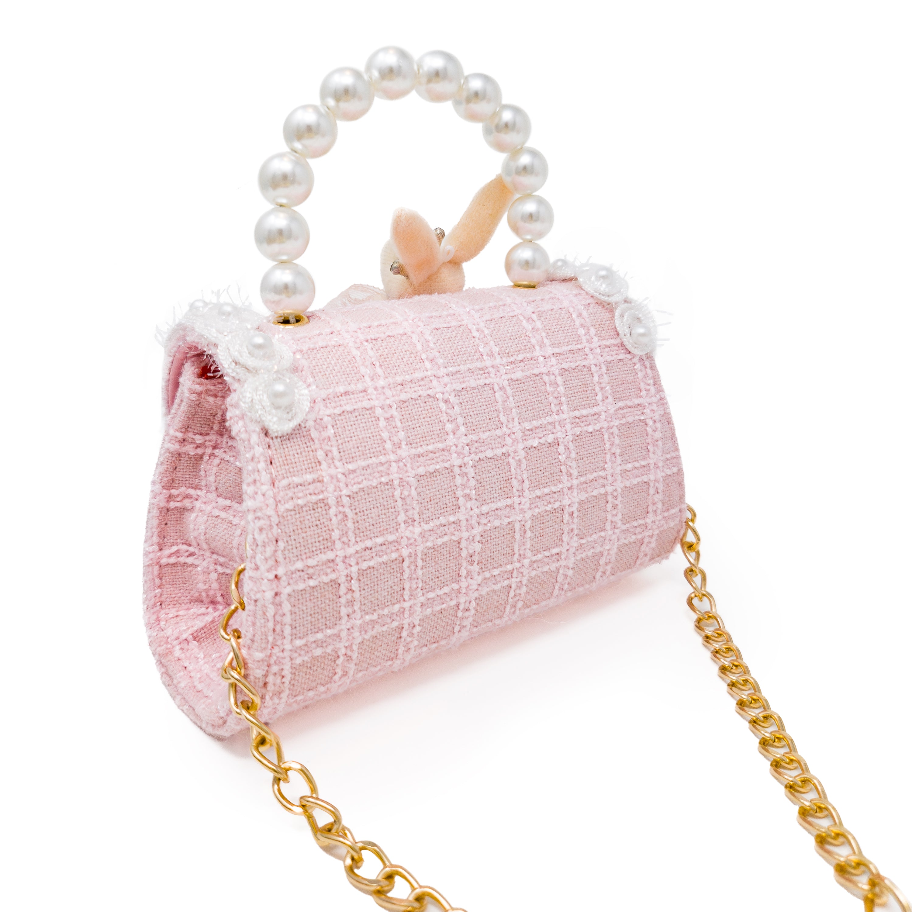 Puttisu Bunny Bloom - rose milk. Pink plaid handbag with pearl handle and gold chain on a white background