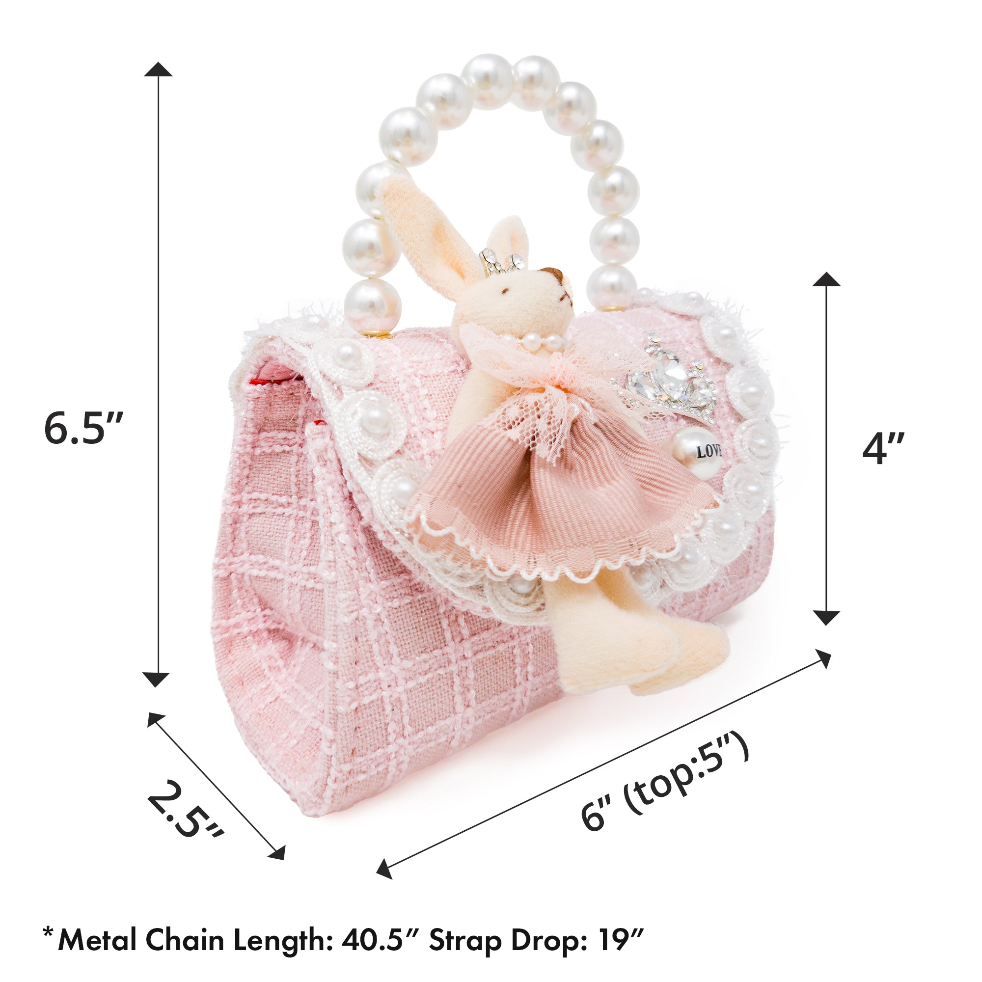 Puttisu Bunny Bloom - rose milk. Decorative handbag with a rabbit figure, pearl handle, and decorative elements with measurements on a white background