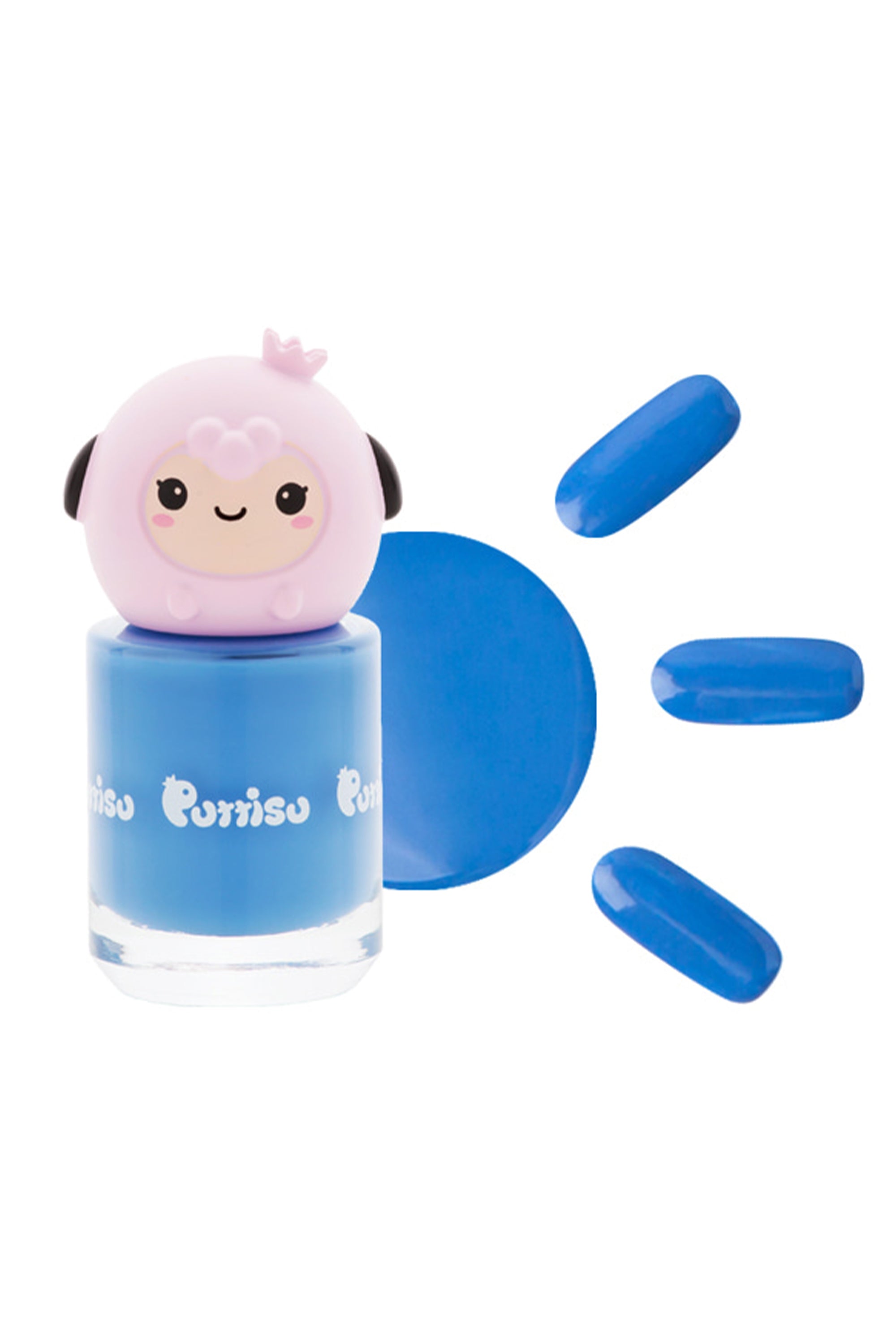 Light blue nail polish with a pink, sheep-shaped cap, next to a puddle and three smudges of matching polish.