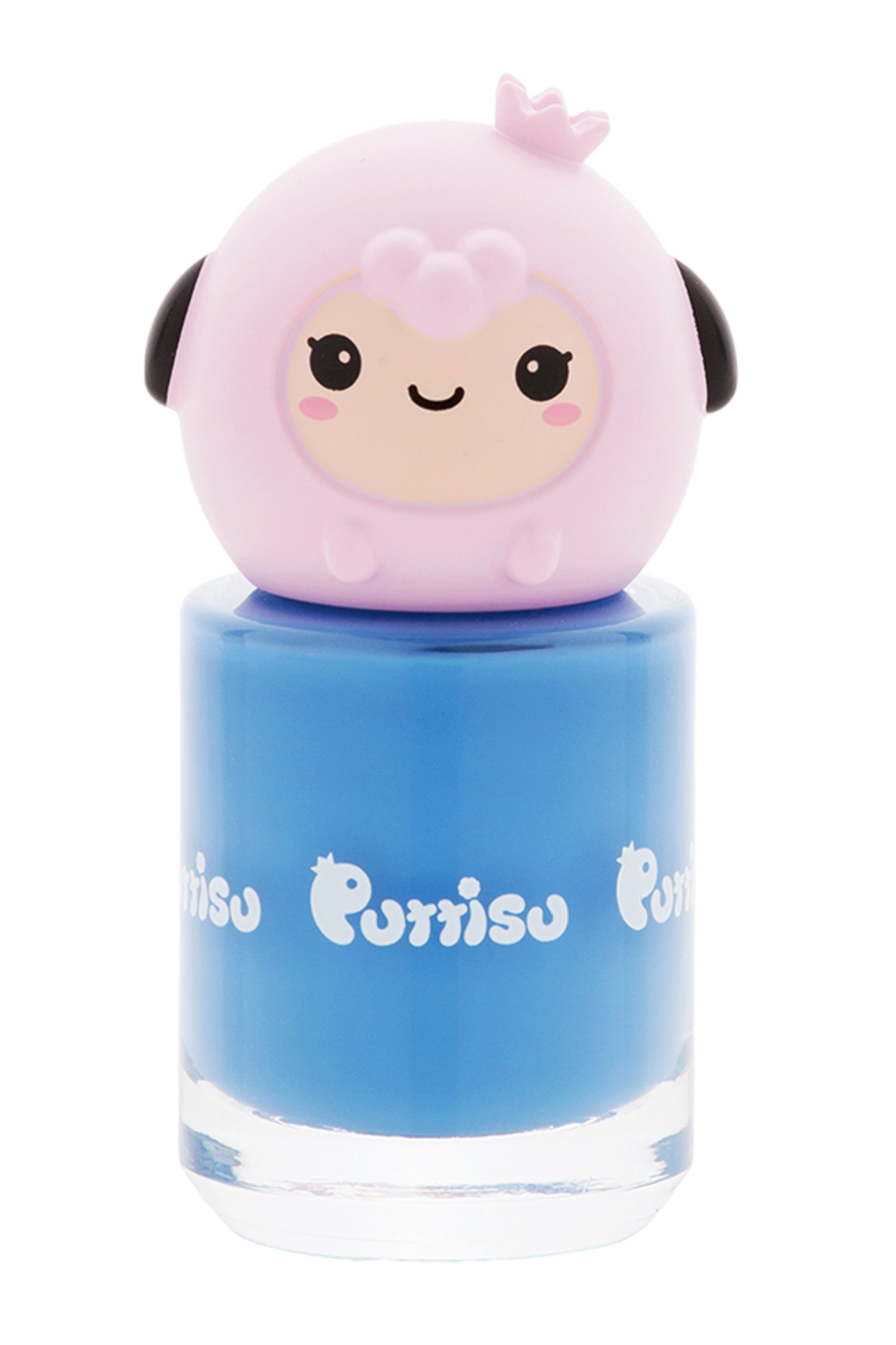Blue nail polish bottle with a pink sheep character cap.