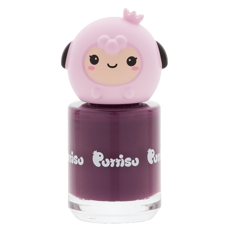 A bottle of purple nail polish with a pink cartoon sheep on the cap.