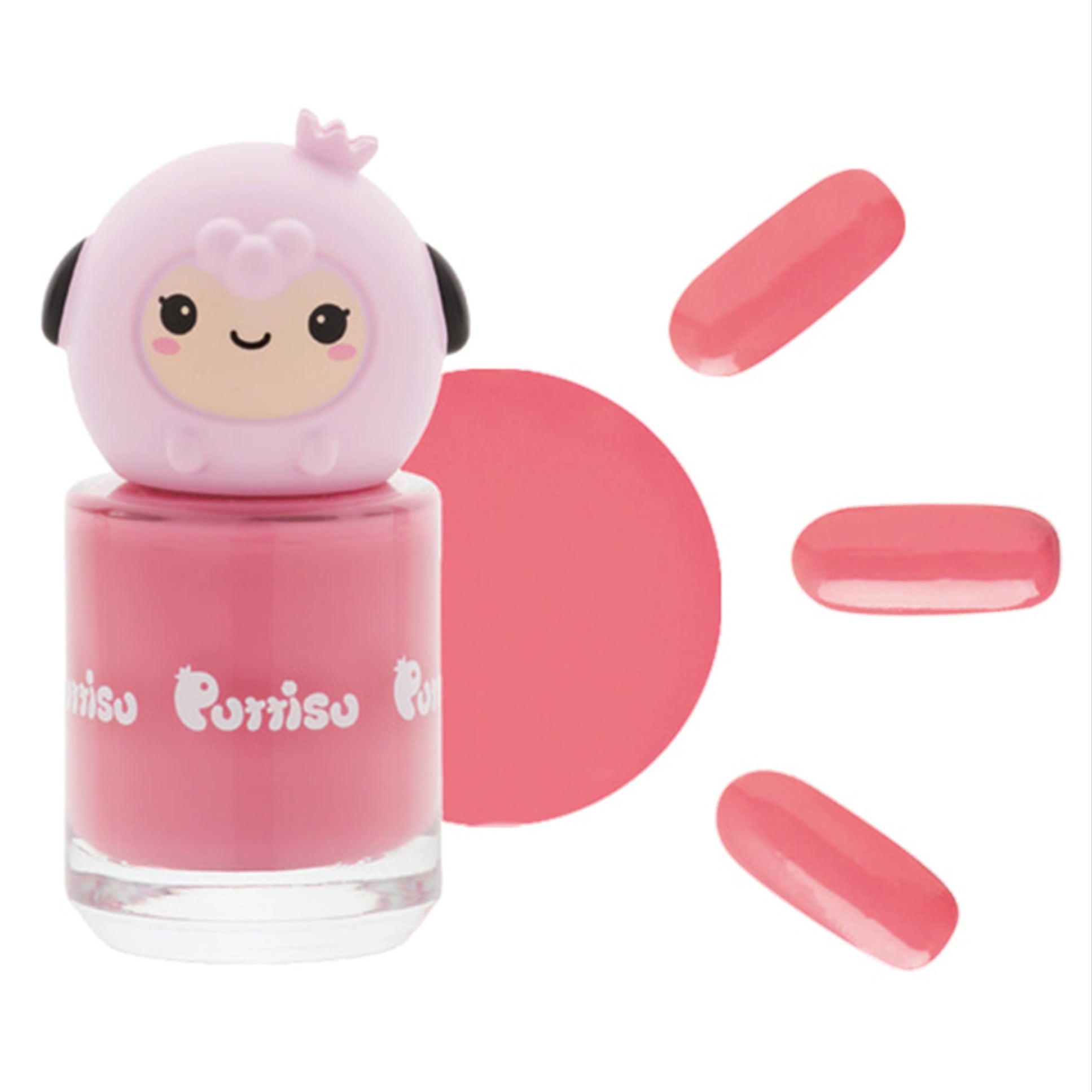 Bottle of pink nail polish with lamb-shaped lid, pink swatch.