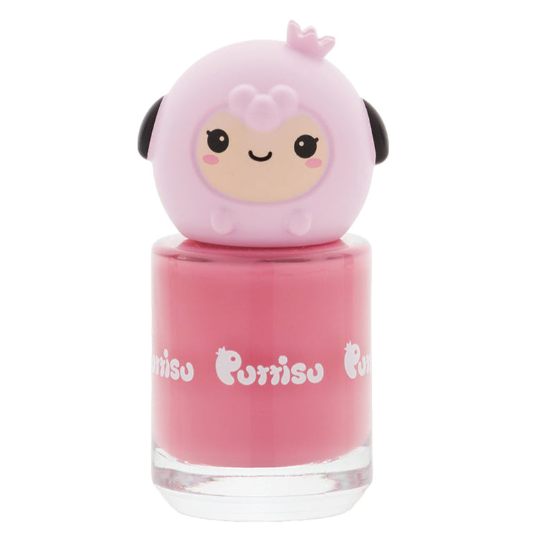 A pink bottle of nail polish with a sheep head on top.