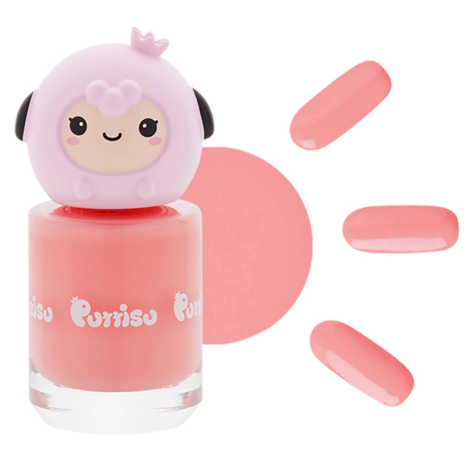 Pink nail polish bottle with a sheep-shaped cap and three artificial nails in the same color.
