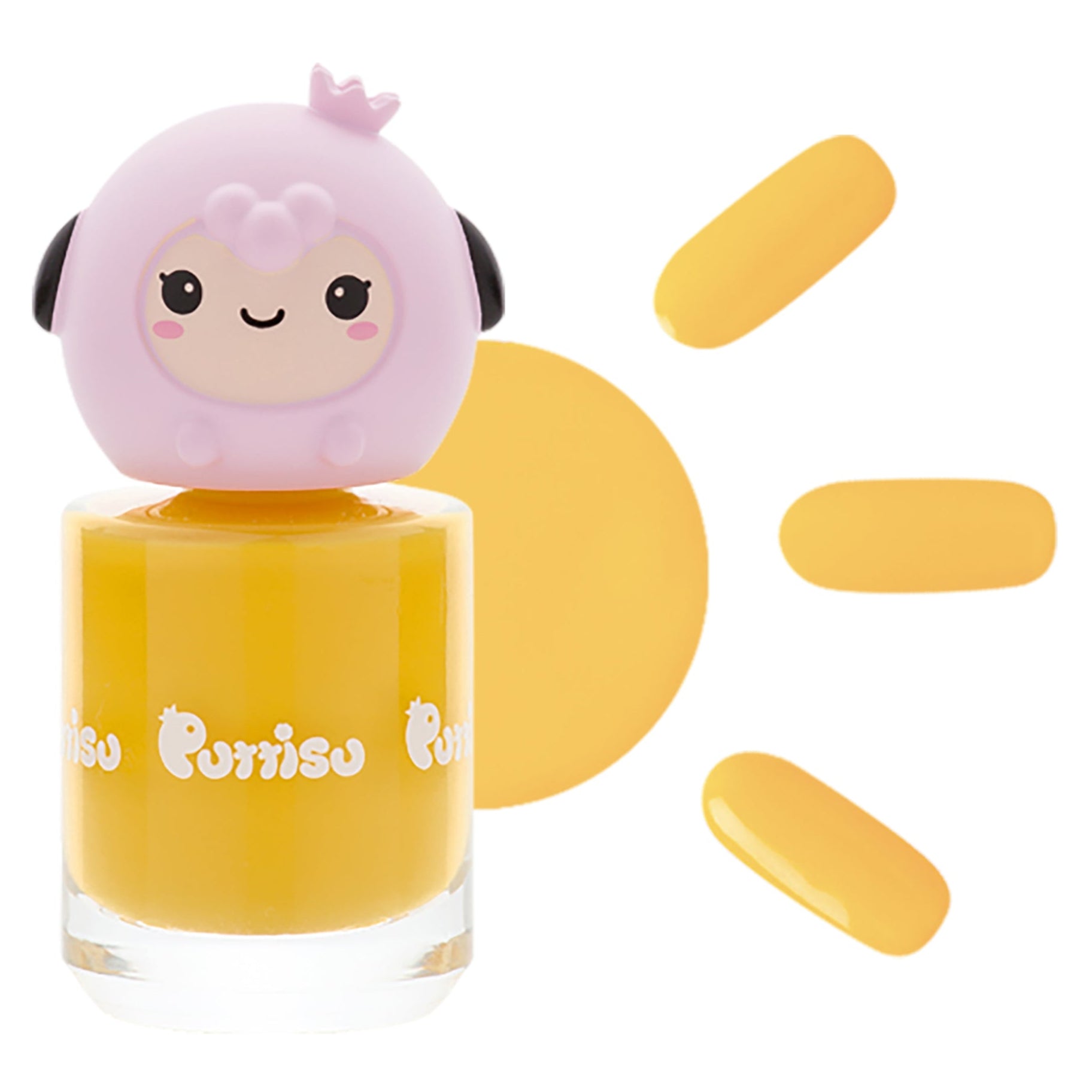 Yellow nail polish with a cute pink sheep lid and matching yellow accents.