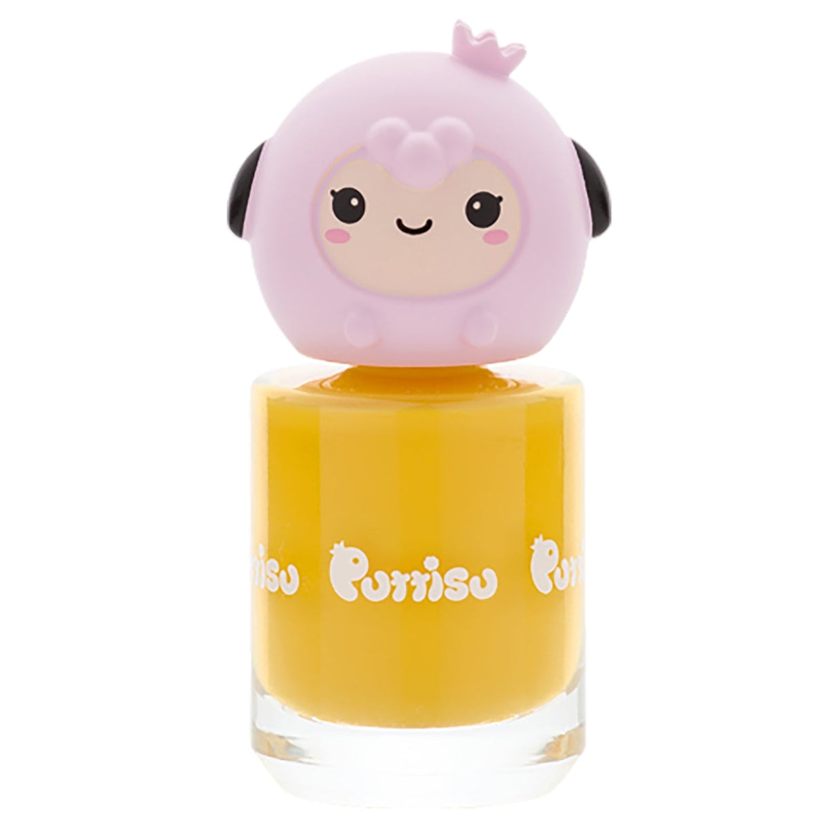 Bottle of yellow nail polish with a pink sheep-shaped lid.