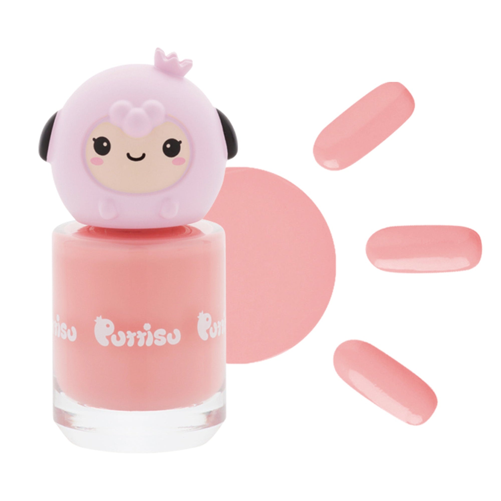 Pink nail polish with a lamb-shaped lid and matching swatches.