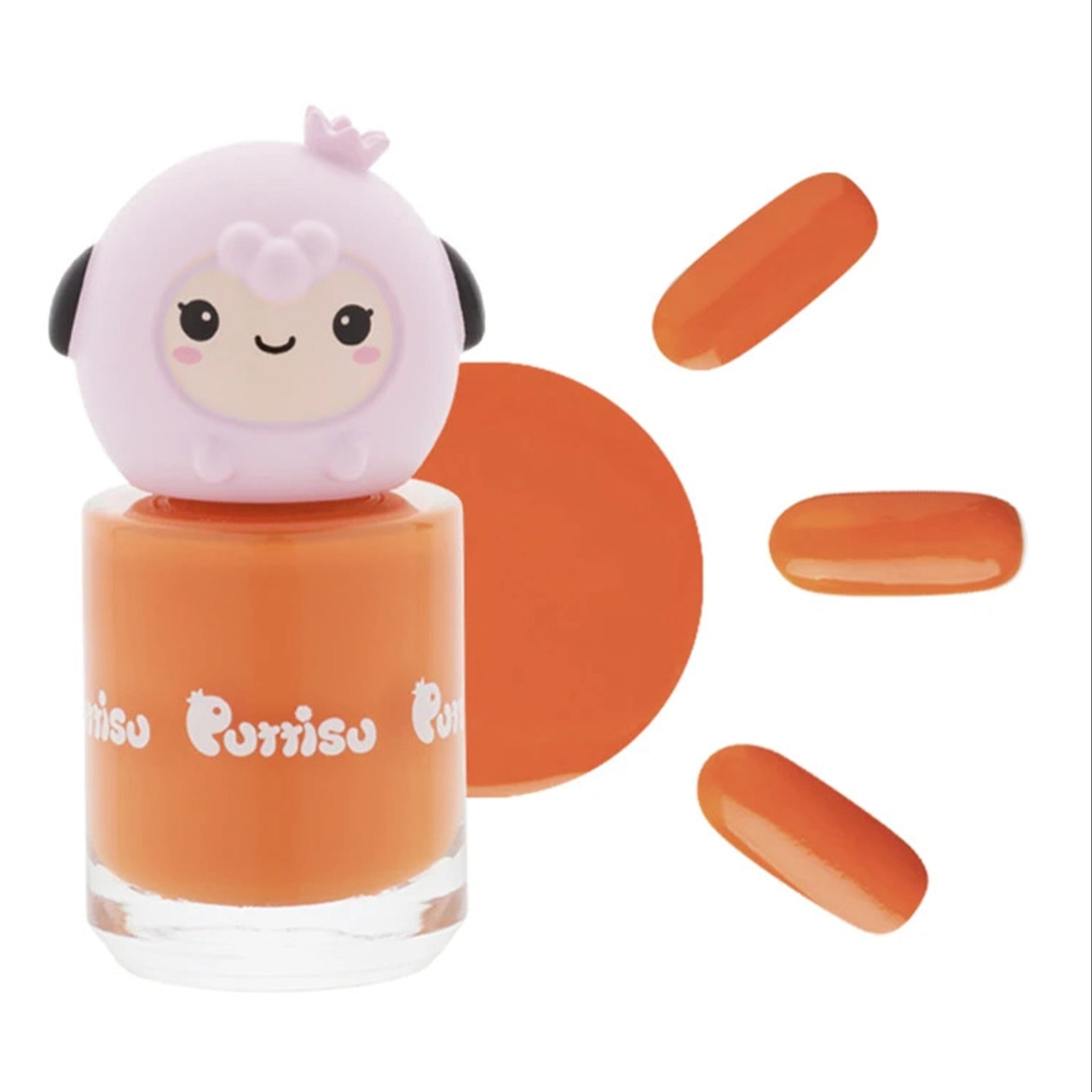Bottle of orange nail polish with a pink cartoon sheep on top.