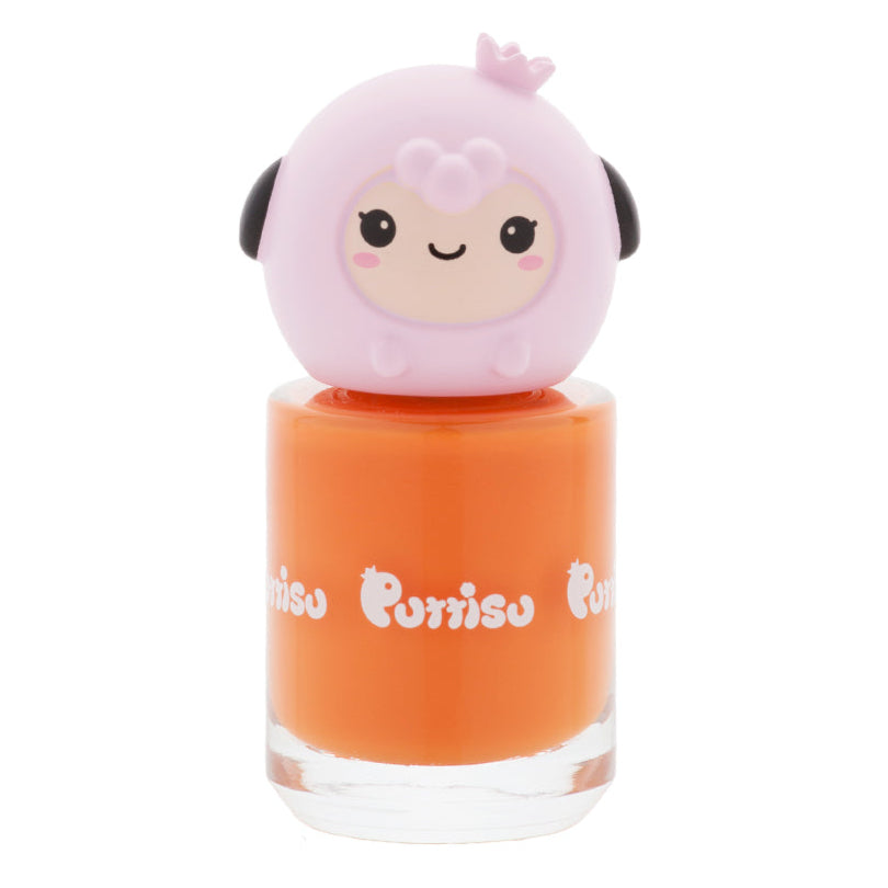 Orange nail polish with a cartoon sheep cap.
