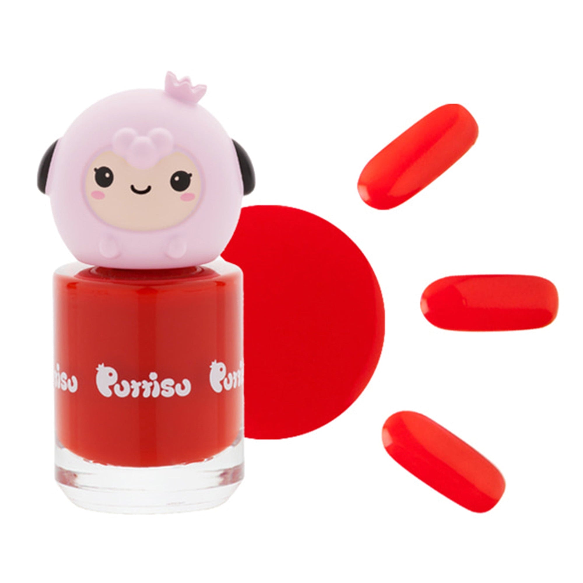 Red nail polish with a pink cartoon sheep cap.