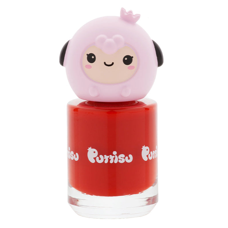 Red nail polish with pink sheep cap.