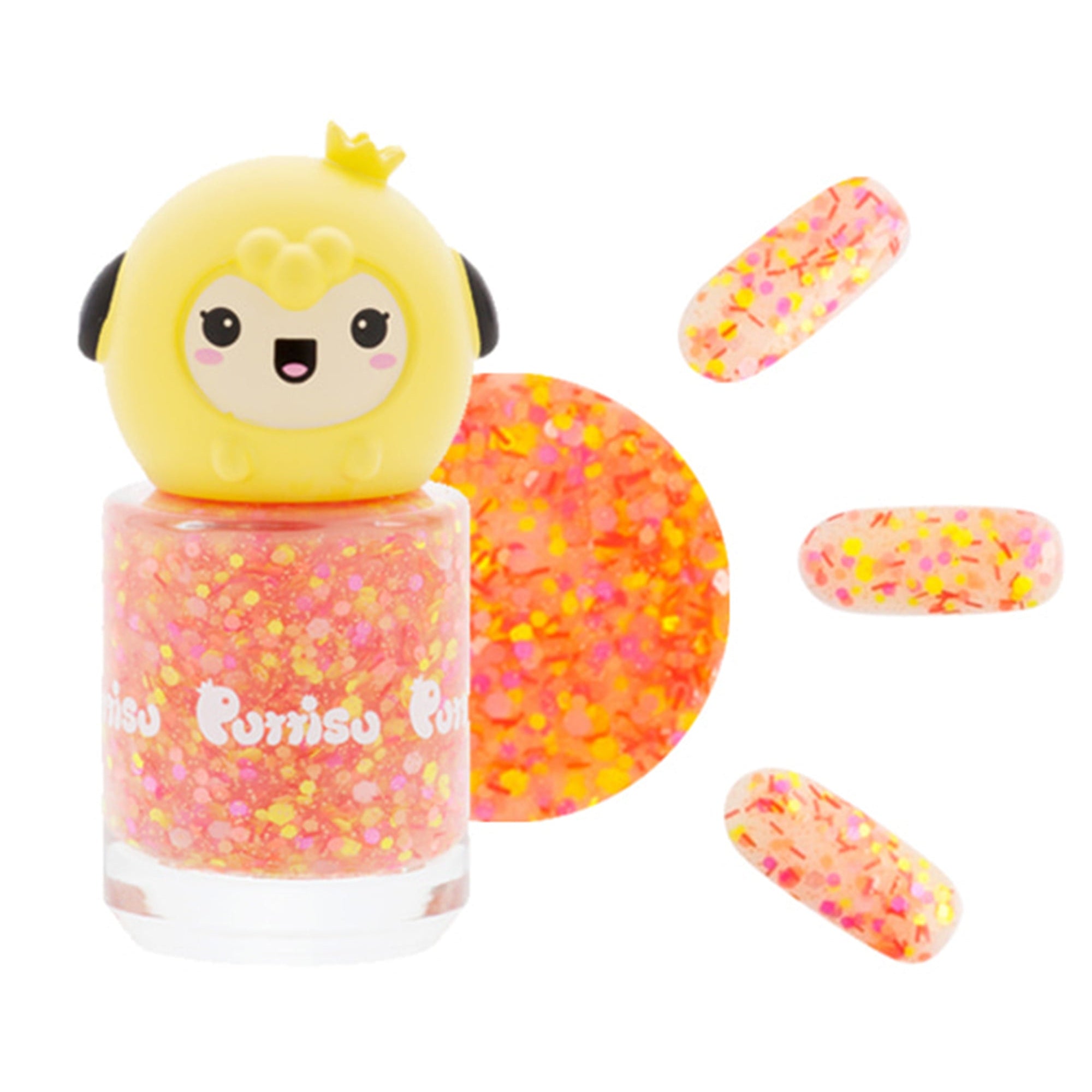 Nail polish with yellow cartoon cap, orange and yellow glitter.