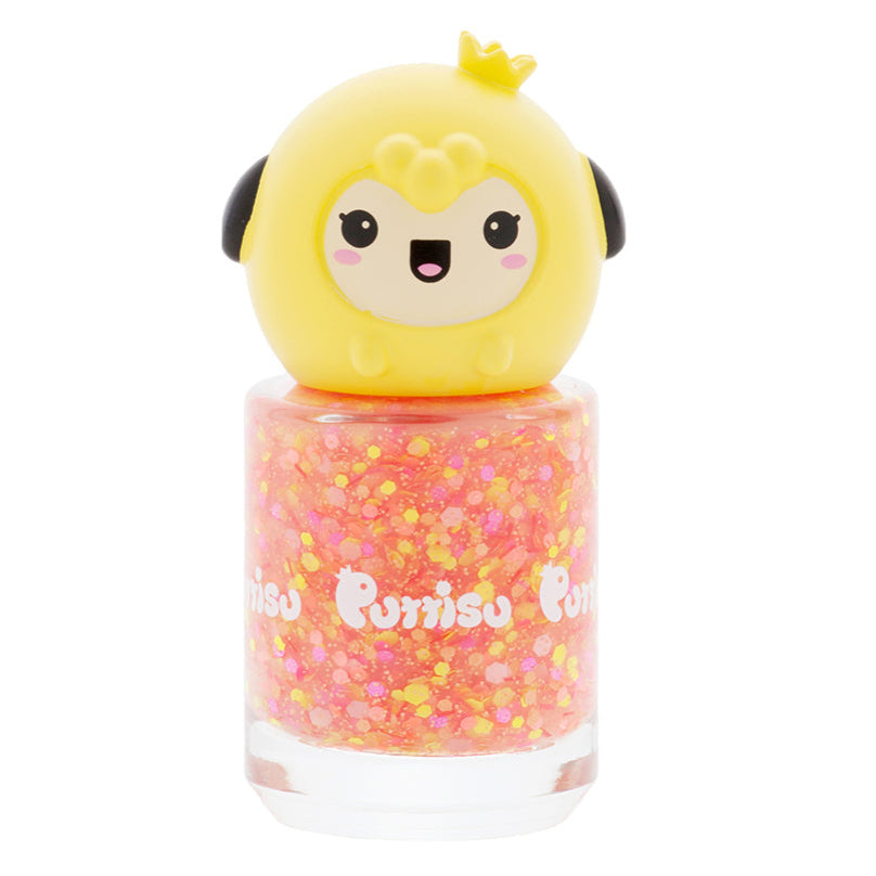 Close-up of a Purrisu nail polish with a yellow animal figure lid filled with orange, pink, and yellow glitter.