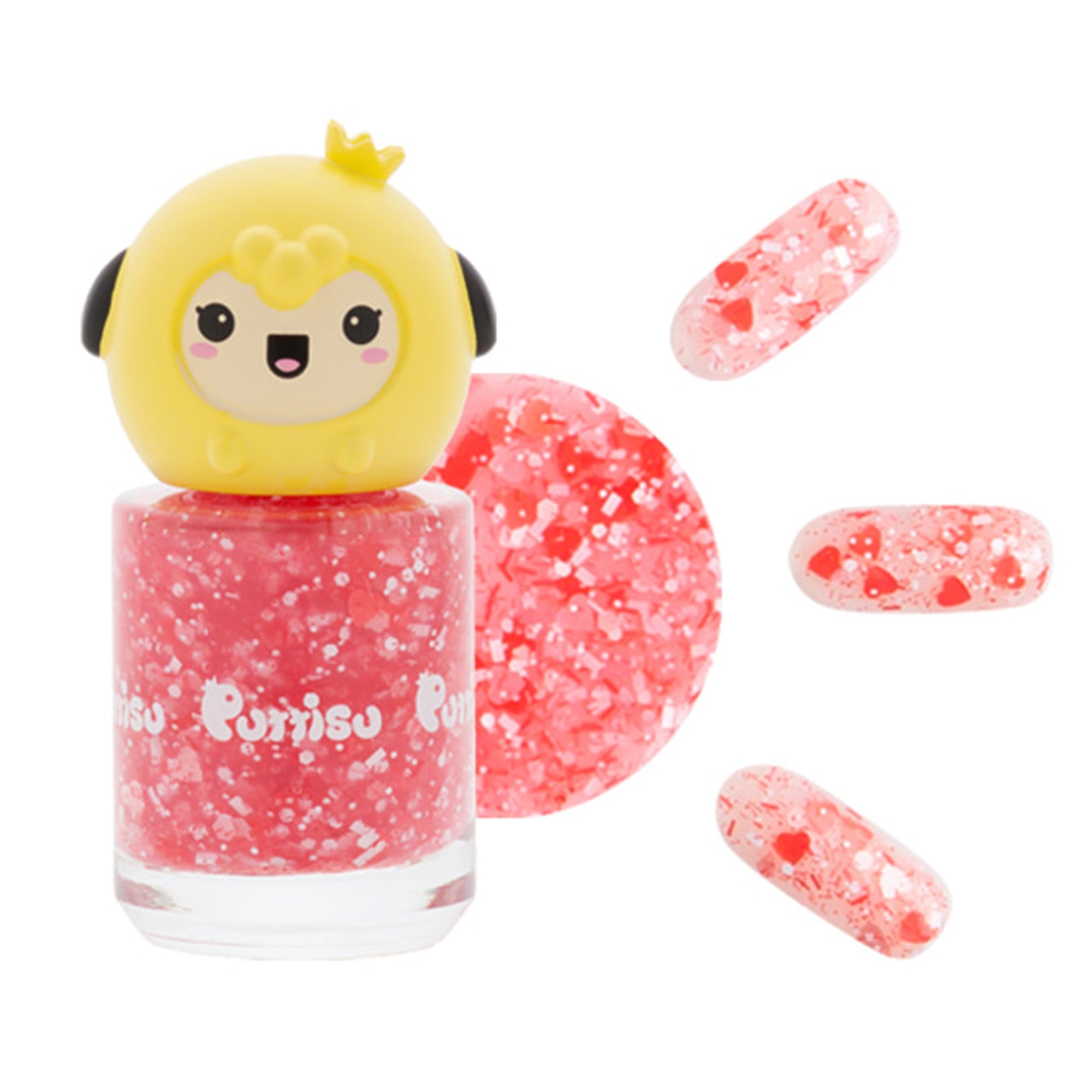 Pink and white glitter nail polish with yellow cartoon character cap.
