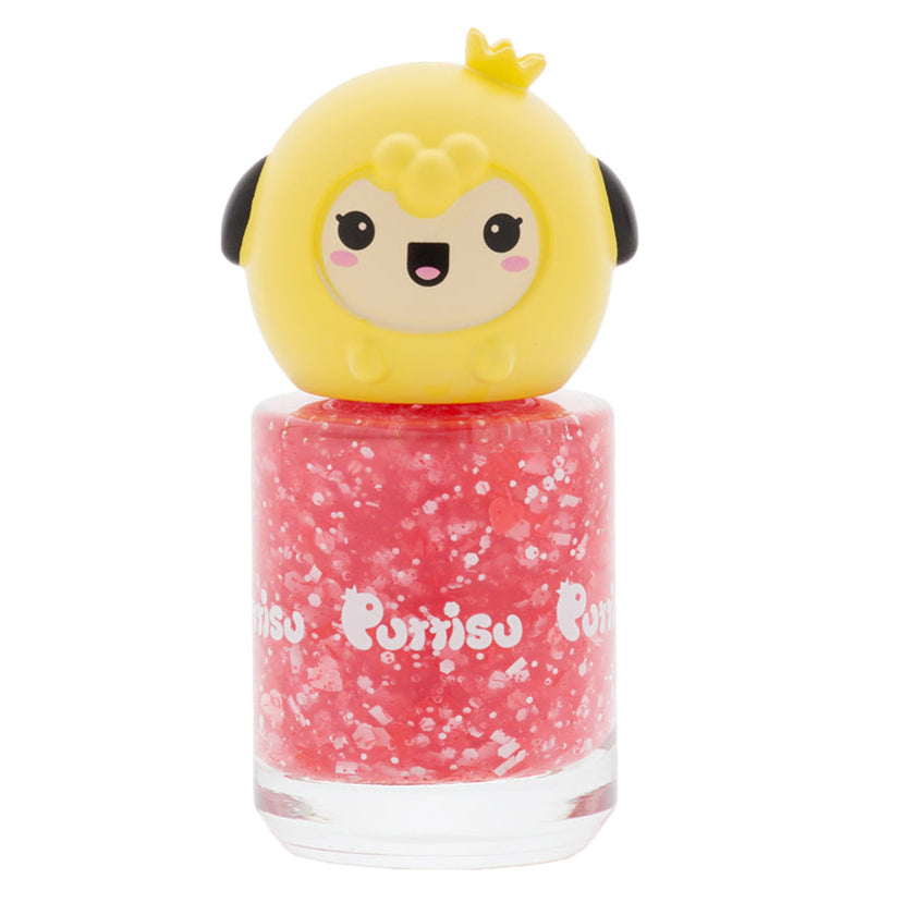 A bottle of red glitter nail polish with a yellow cartoon character top.